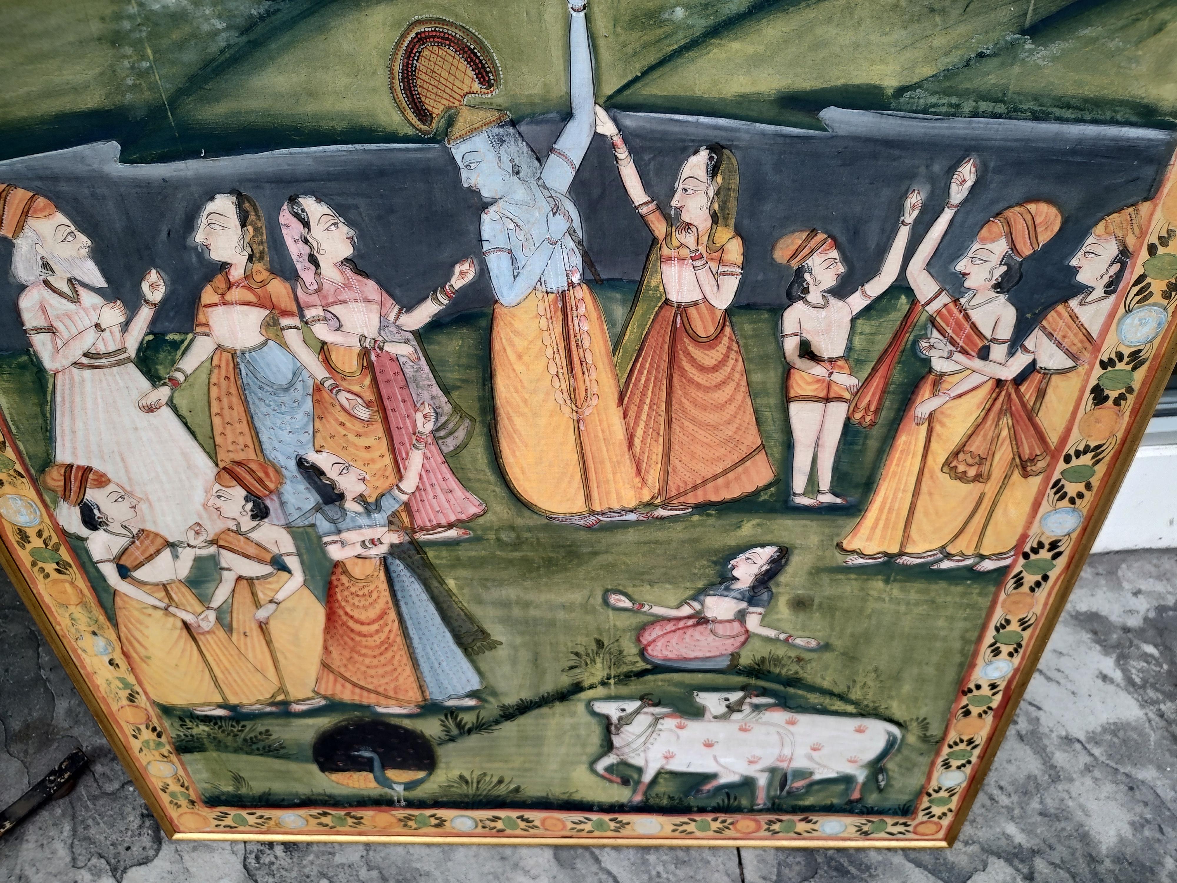 Large Hindu Mural Sized Pichhwal Painting on Silk Cloth C1970 For Sale 4