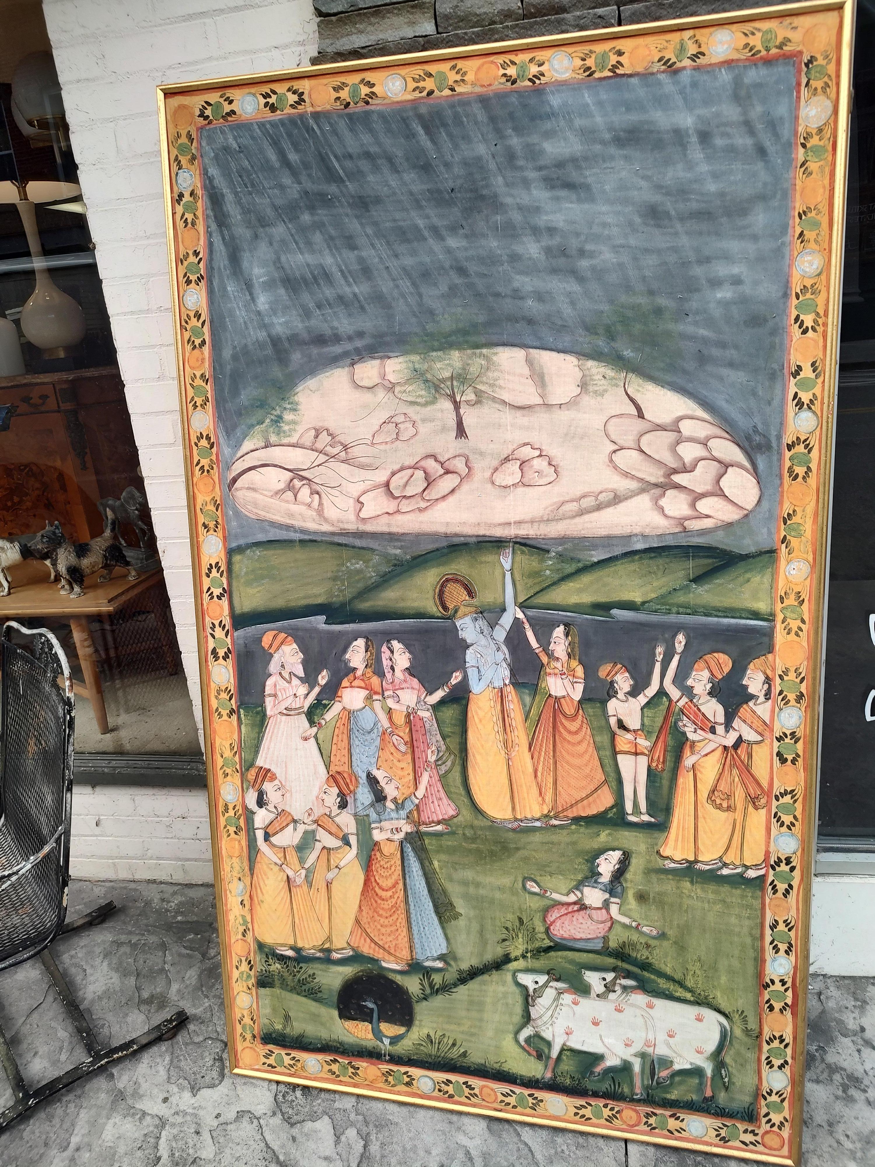 Anglo Raj Large Hindu Mural Sized Pichhwal Painting on Silk Cloth C1970 For Sale
