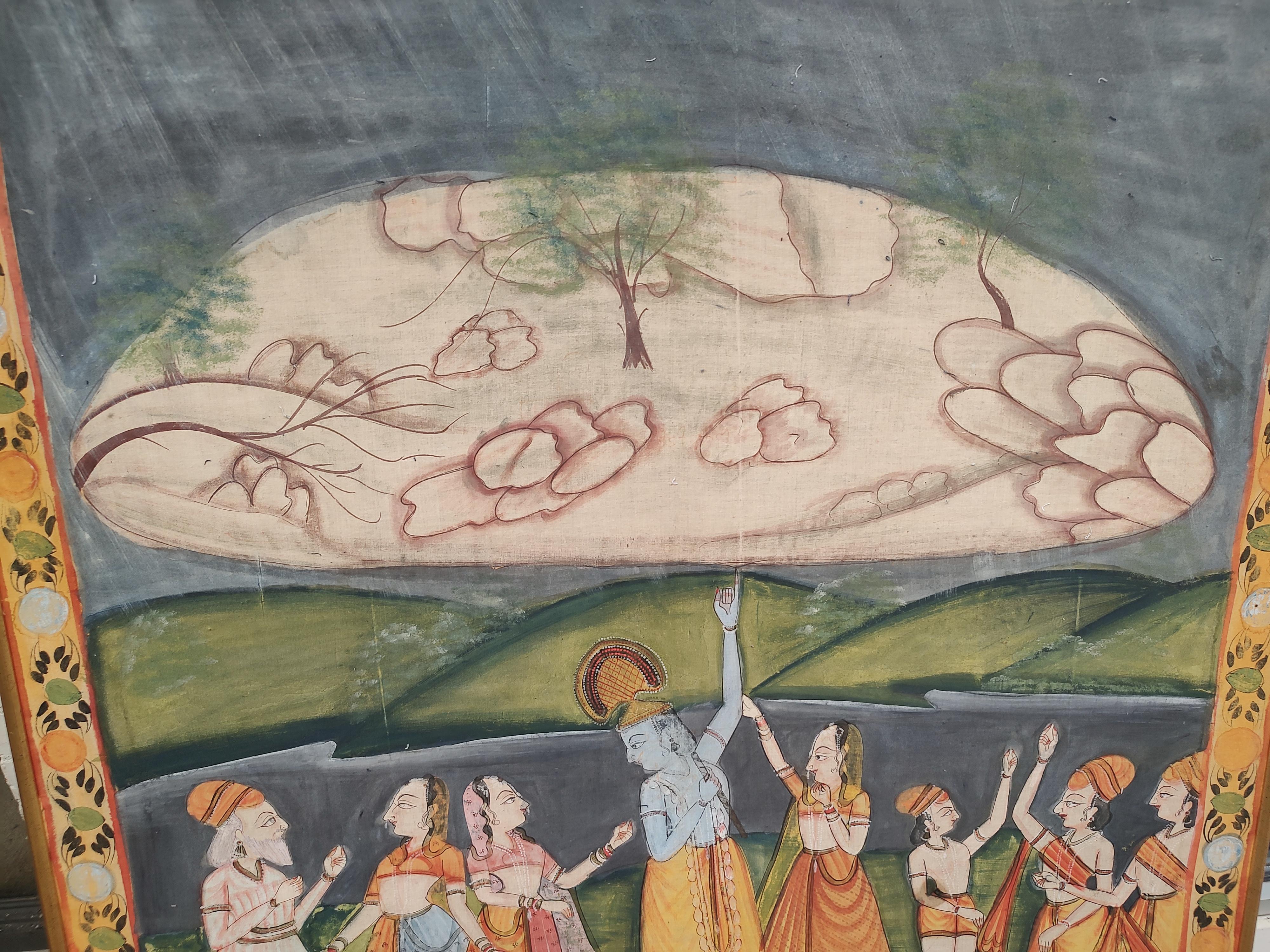 Großes Hindu-Wandgemälde in Wandgröße, Pichhwal, Gemälde auf Seidentuch, ca. 1970 (Indisch) im Angebot