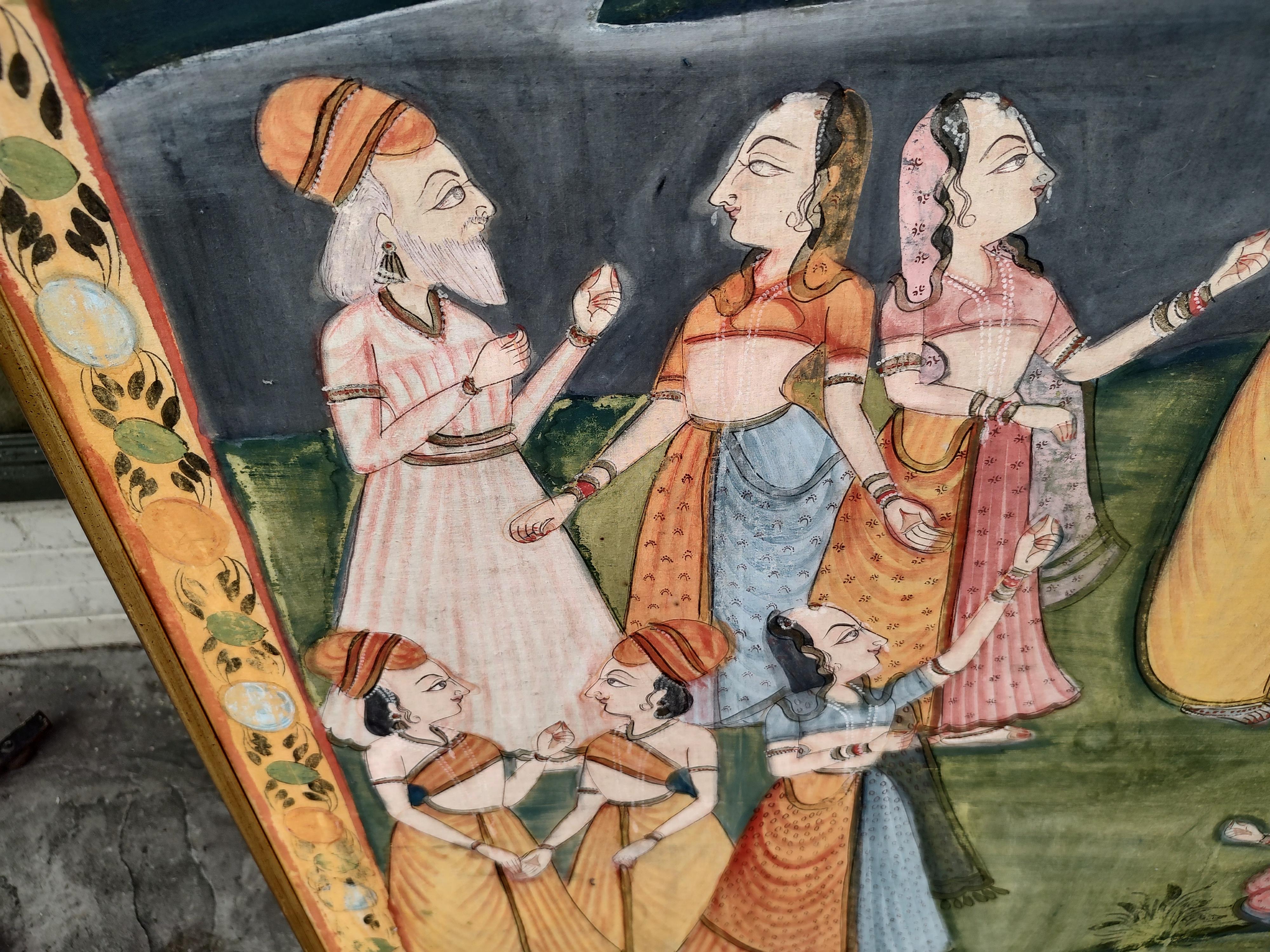 Hand-Painted Large Hindu Mural Sized Pichhwal Painting on Silk Cloth C1970 For Sale