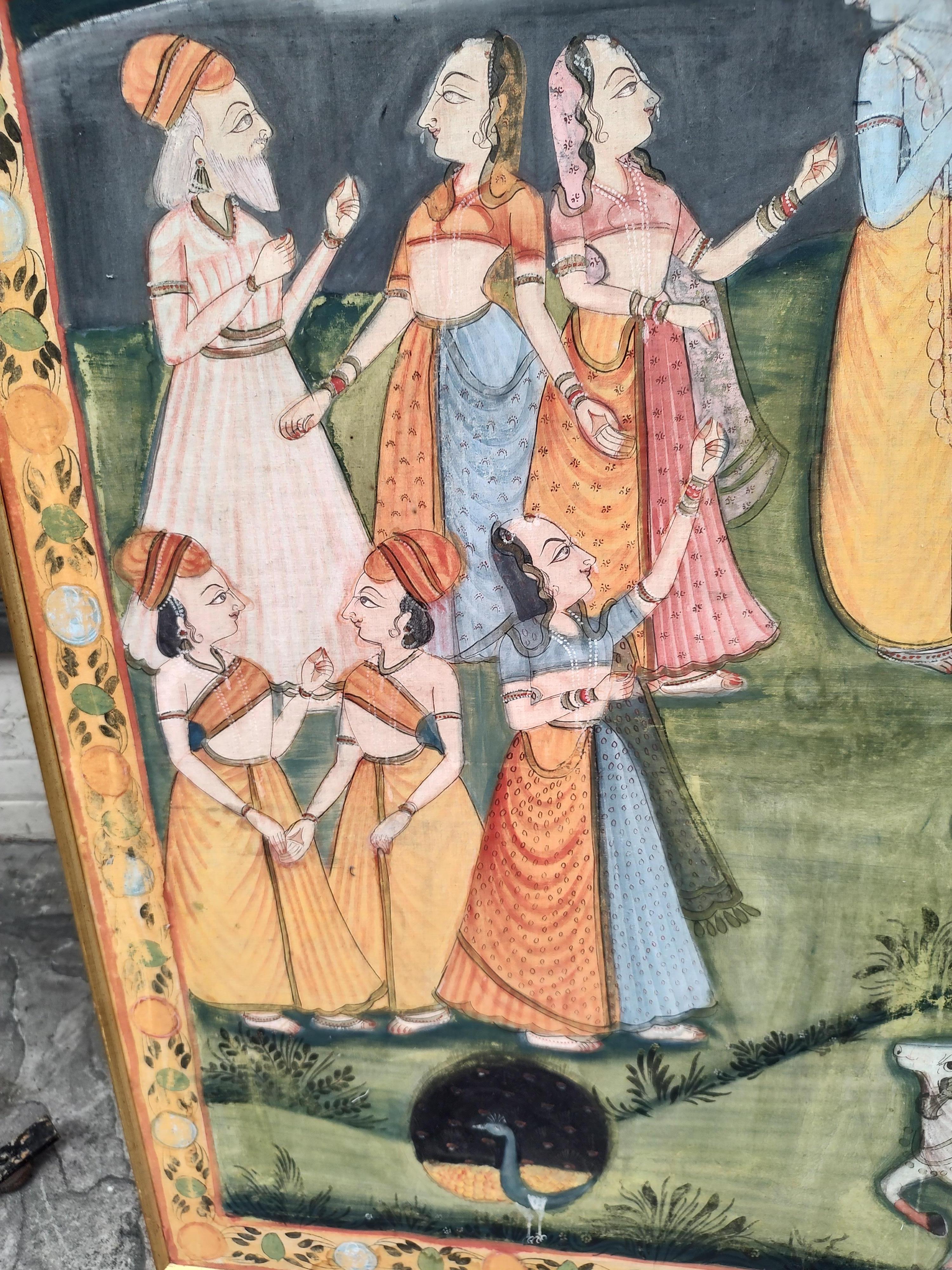 Large Hindu Mural Sized Pichhwal Painting on Silk Cloth C1970 In Good Condition For Sale In Port Jervis, NY
