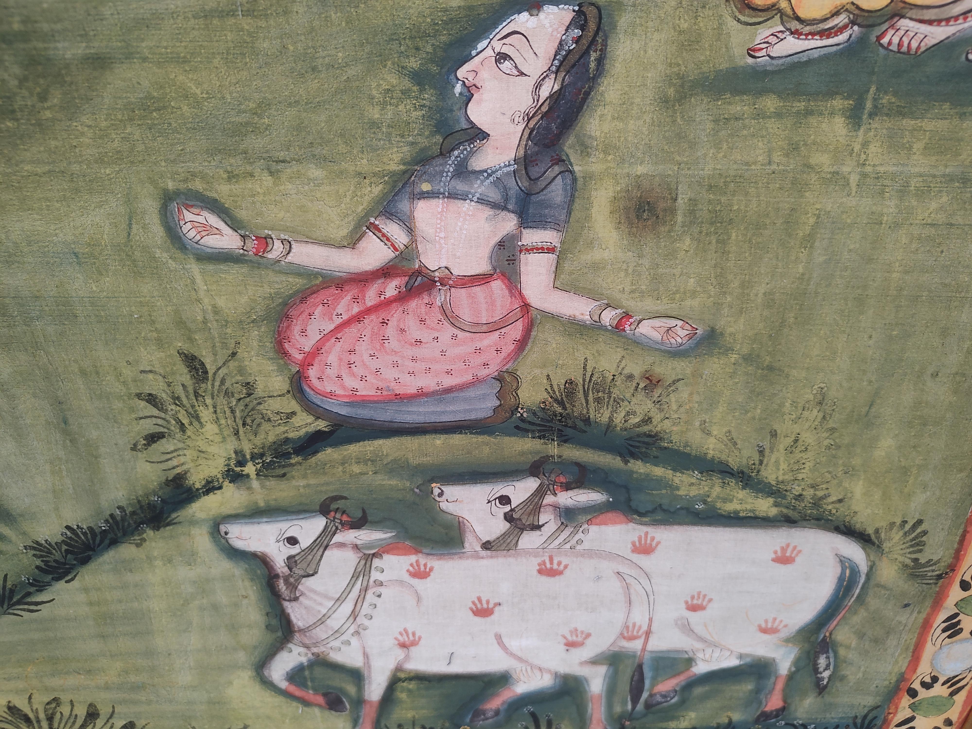 Fin du 20e siècle Grande peinture murale hindoue Pichhwal sur tissu de soie, vers 1970 en vente