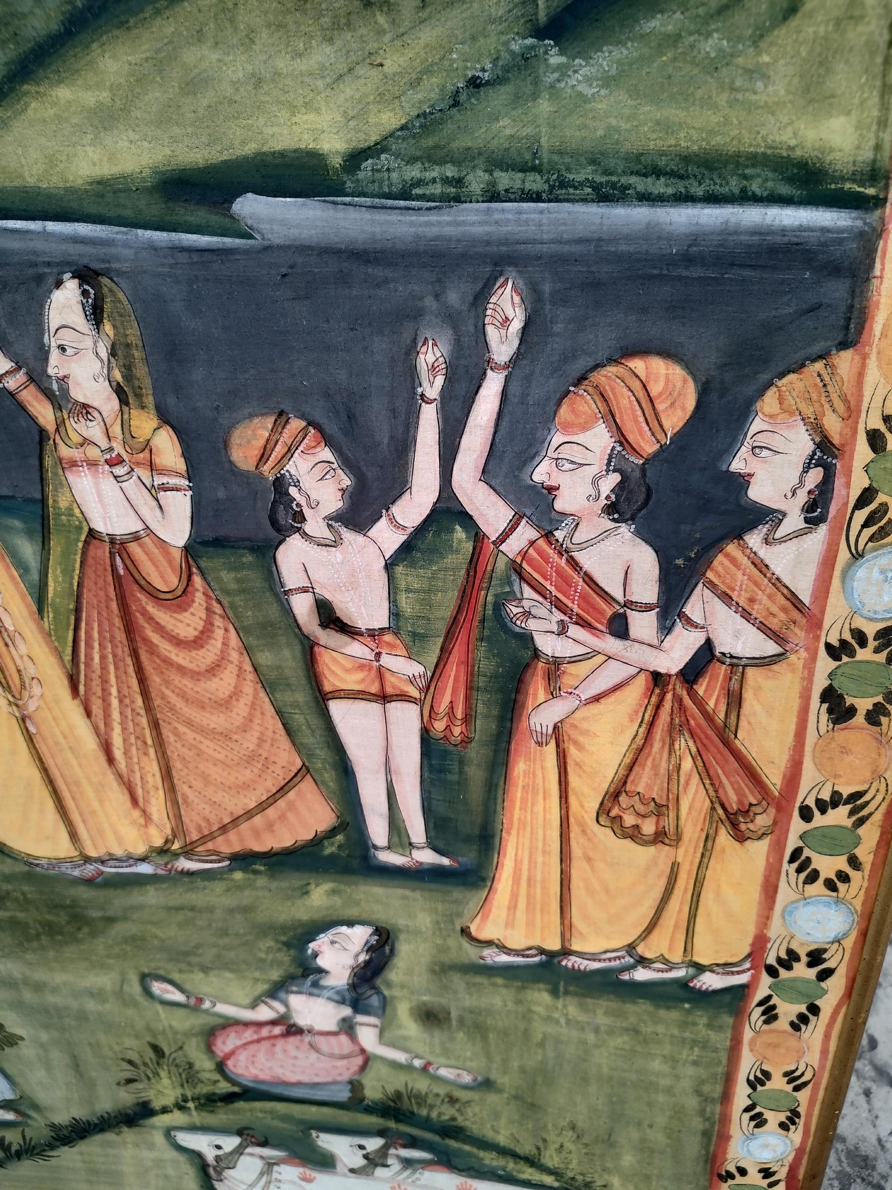 Soie Grande peinture murale hindoue Pichhwal sur tissu de soie, vers 1970 en vente
