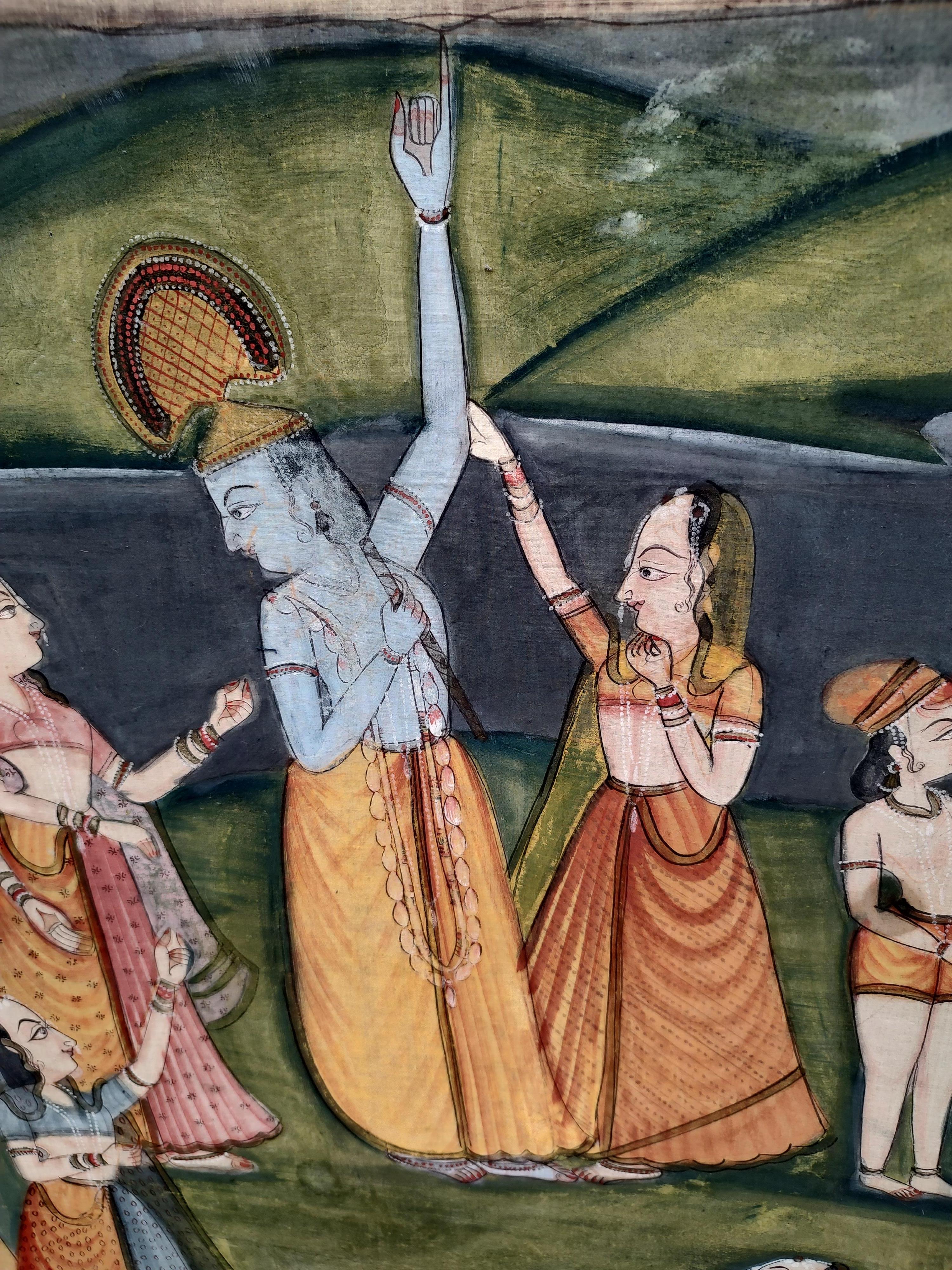 Grande peinture murale hindoue Pichhwal sur tissu de soie, vers 1970 en vente 1