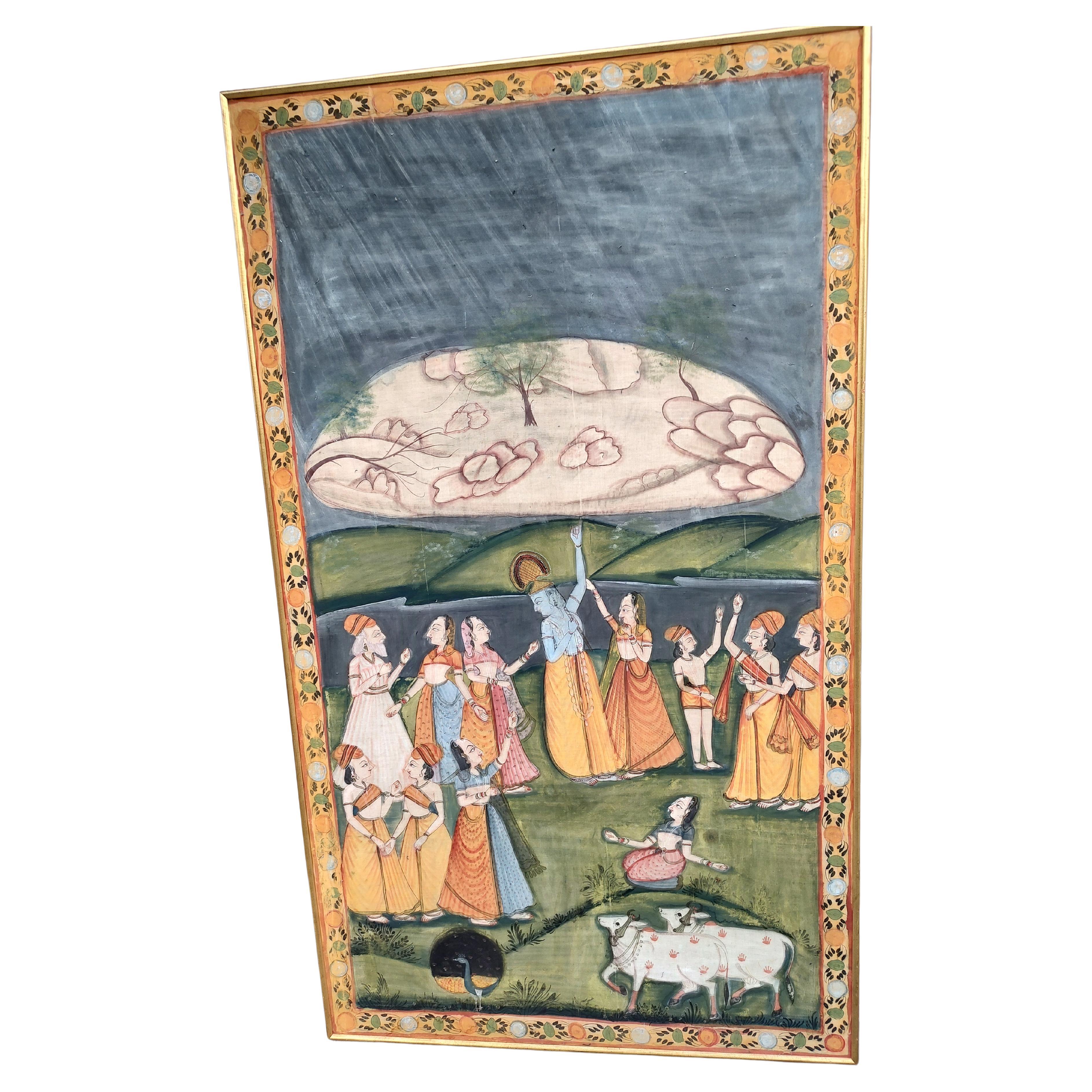 Grande peinture murale hindoue Pichhwal sur tissu de soie, vers 1970 en vente