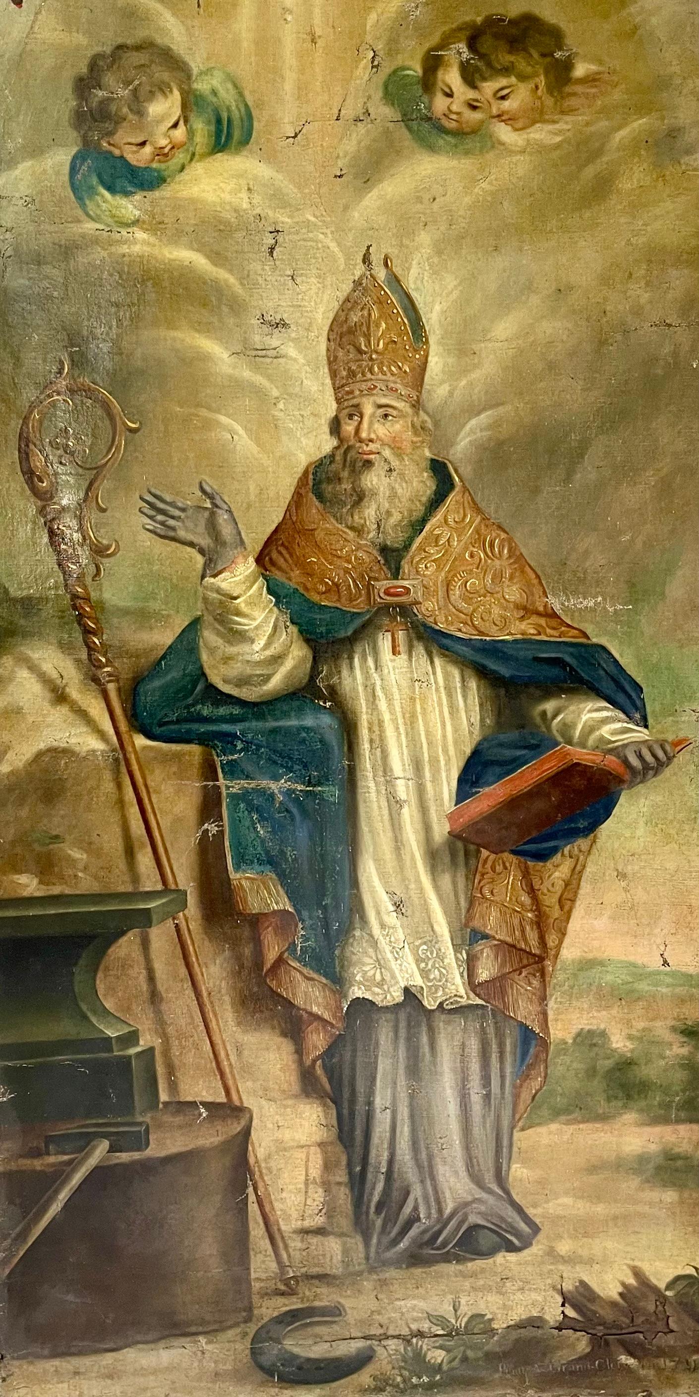 We offer you the rare opportunity to acquire an authentic piece of French religious history: a large 18th-century painting depicting Saint Eligius, created in 1790 in Grand Cléry. This painting, of great heritage value, comes from the prestigious