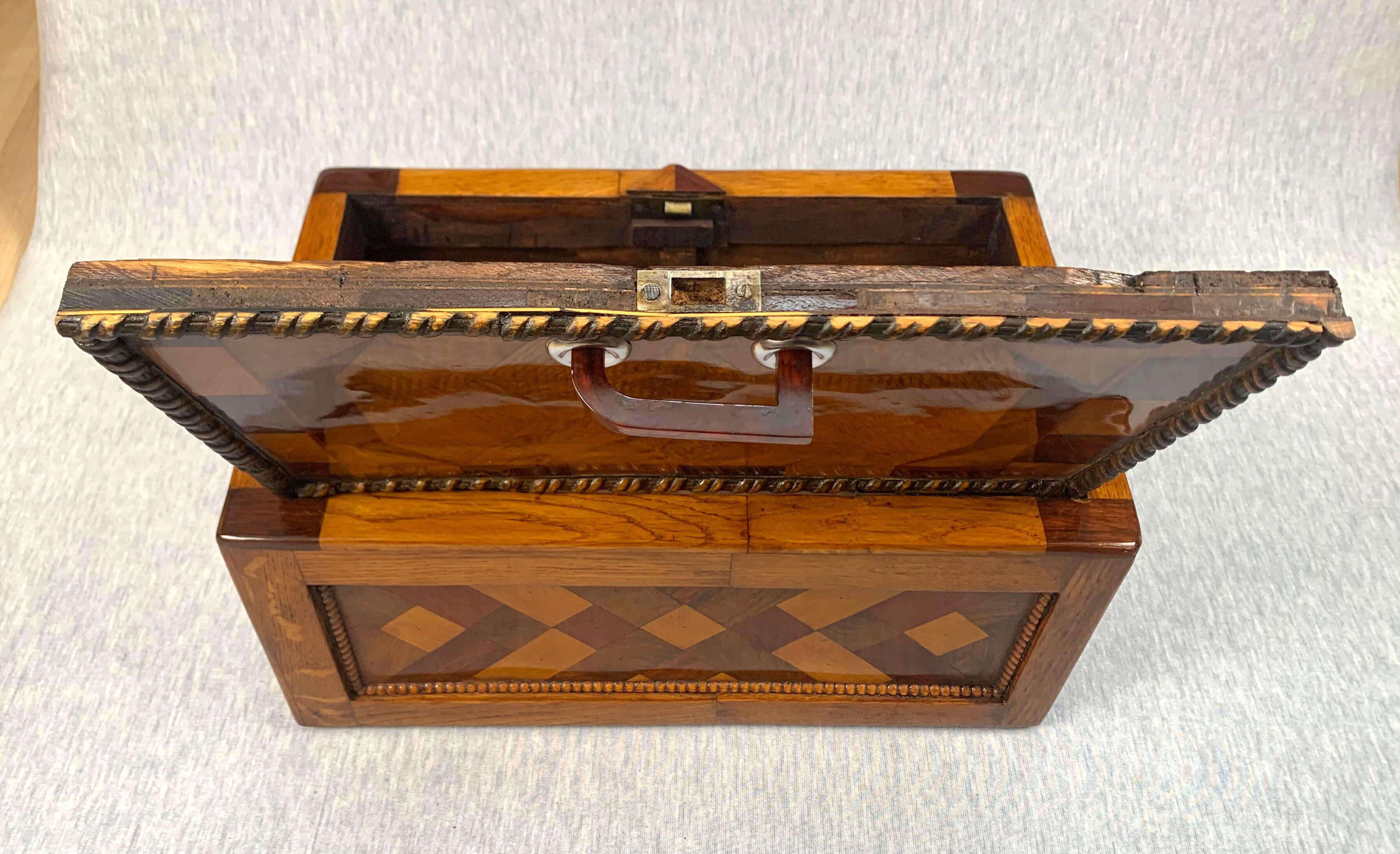 Metal Large Historicism Box, Different Hardwoods, South Germany, circa 1860-1880