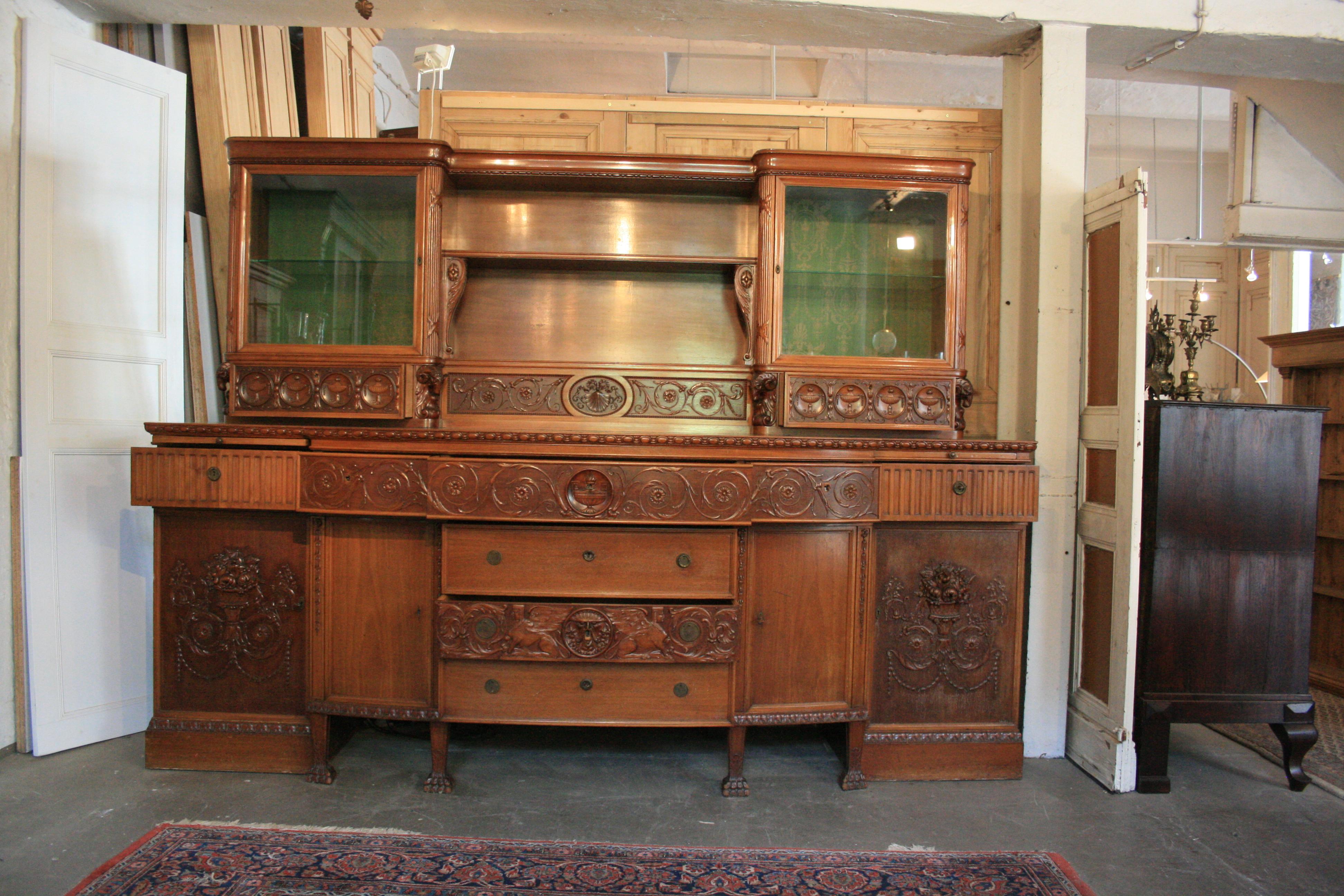 Hand-Carved Large Historicism Style Pomp Buffet, Nutwood, Germany, circa 1920