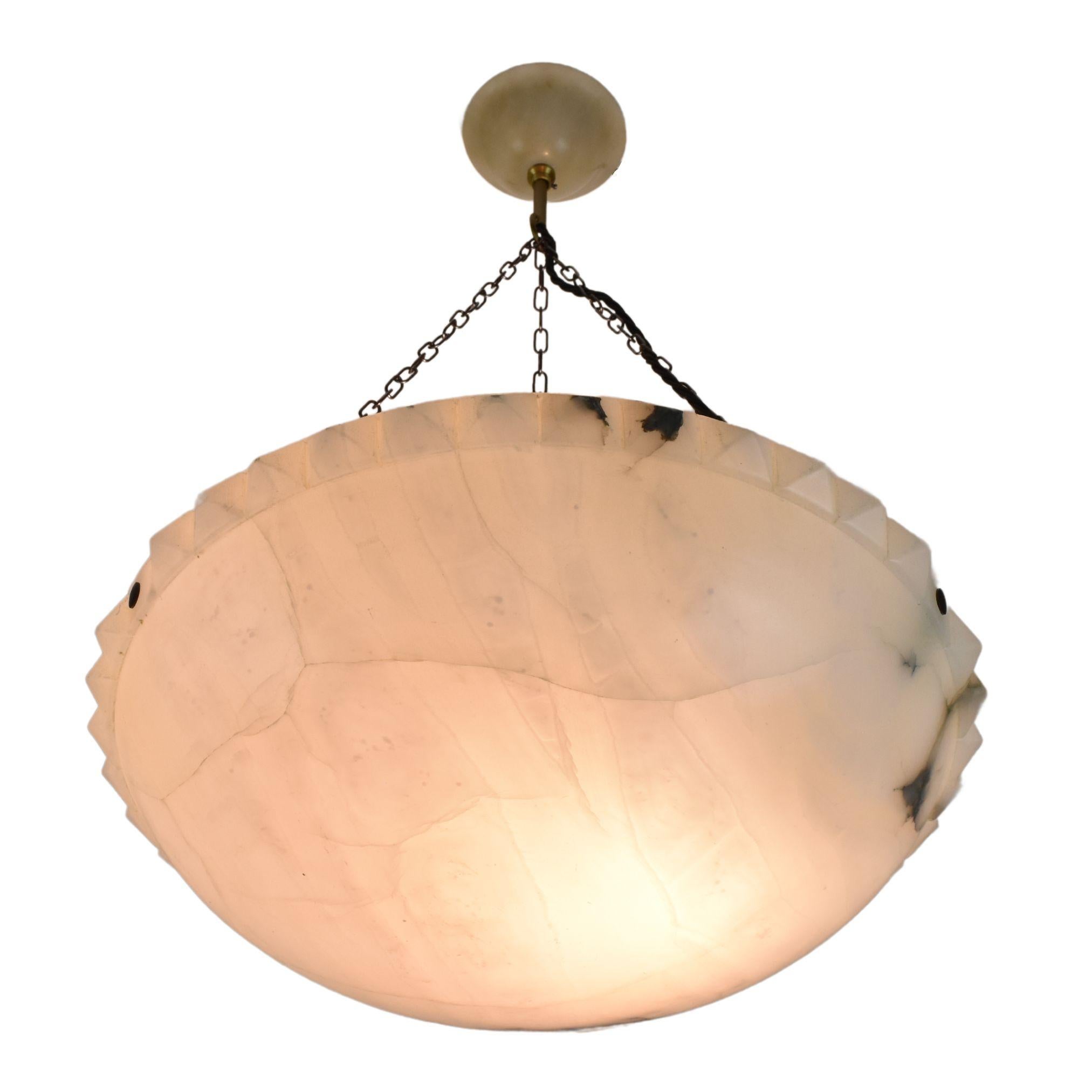 French Large Hobnailed Art Deco Bright Alabaster Pendant Light Ceiling Fixture Lamp