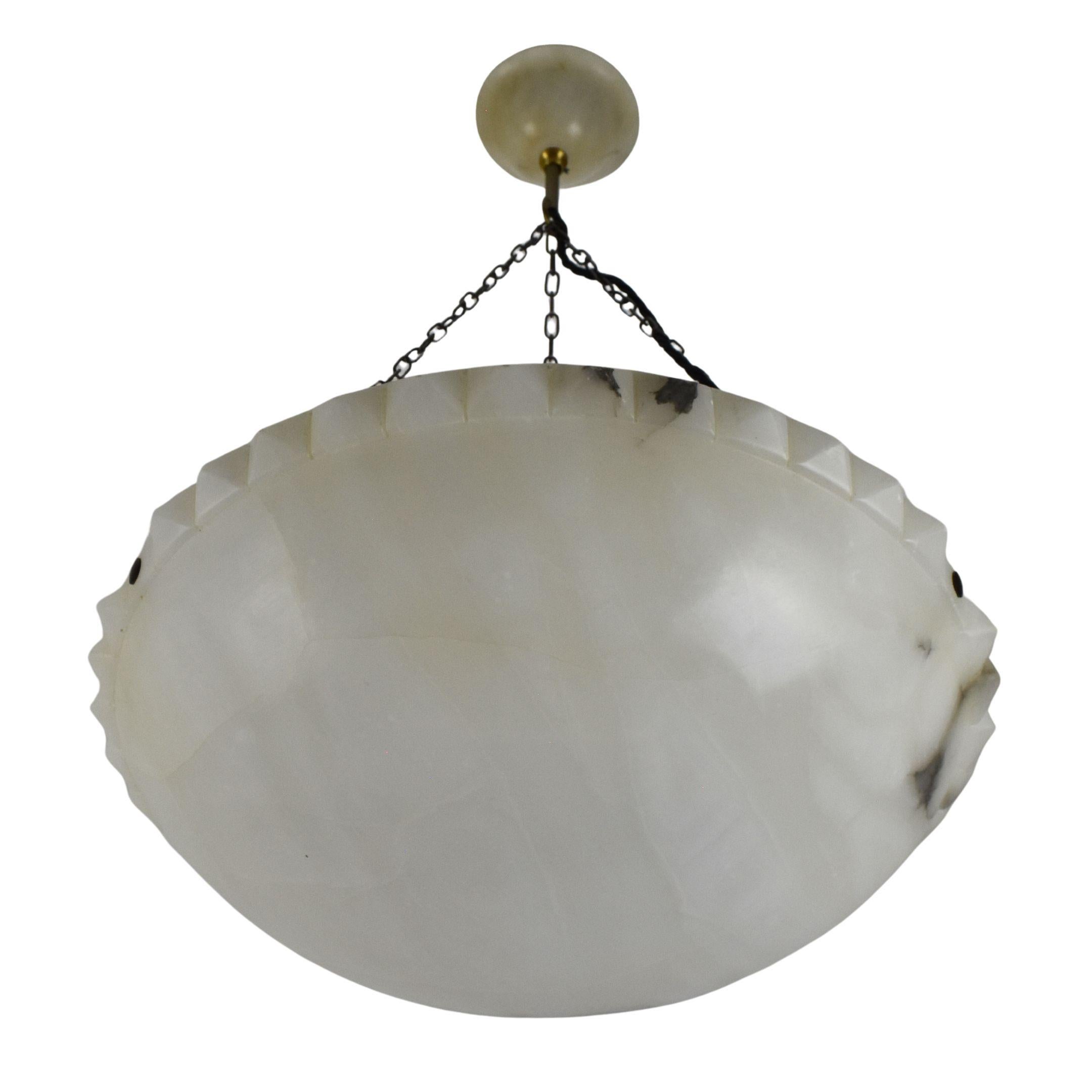 Hand-Crafted Large Hobnailed Art Deco Bright Alabaster Pendant Light Ceiling Fixture Lamp