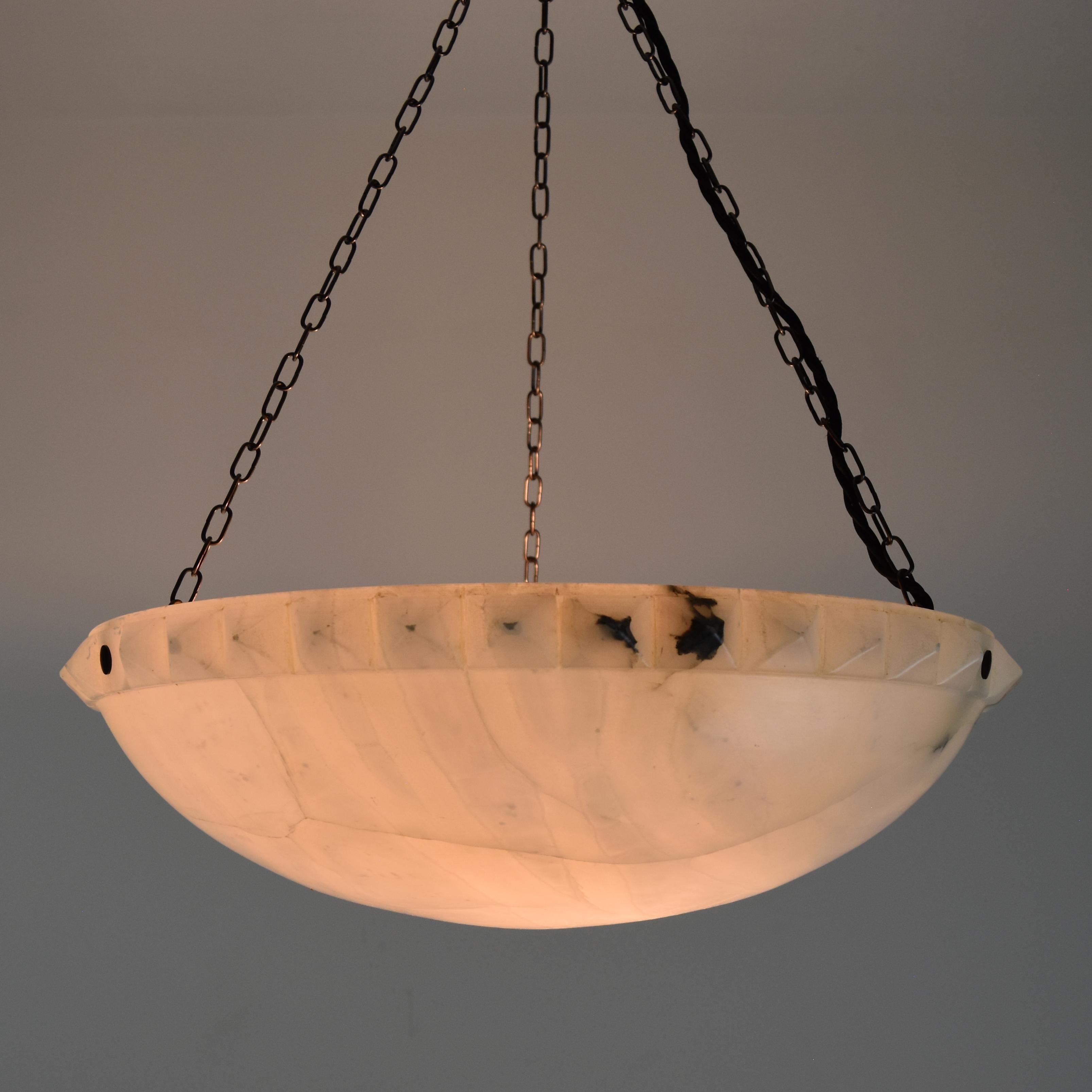 Large Hobnailed Art Deco Bright Alabaster Pendant Light Ceiling Fixture Lamp In Good Condition In Bad Säckingen, DE