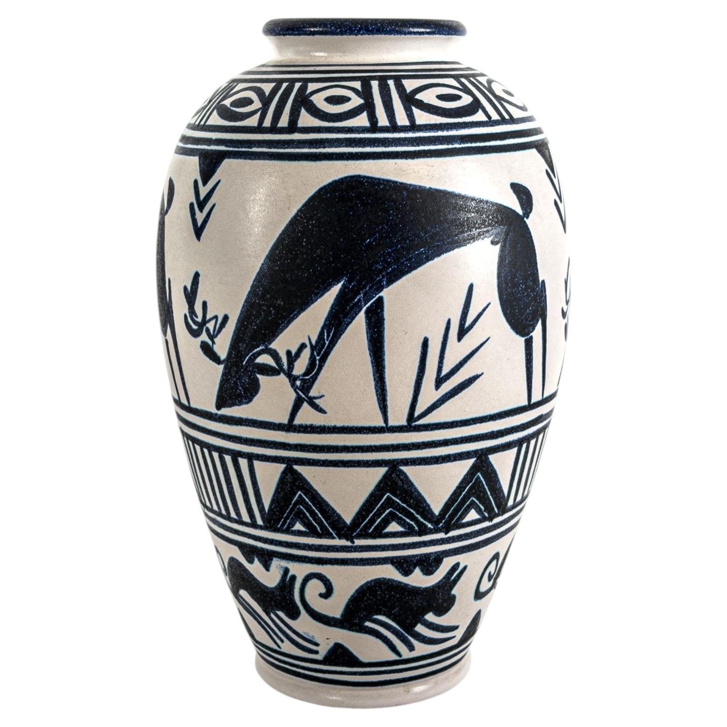 Mette Doller. Large Höganäs Keramik Vase with Stylized Animal Motifs, Sweden.