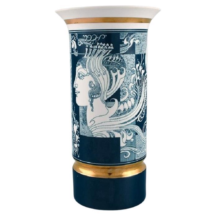 Large Hollóháza Porcelain Vase, Art Deco Motifs and Gold Border, Mid-20th C For Sale