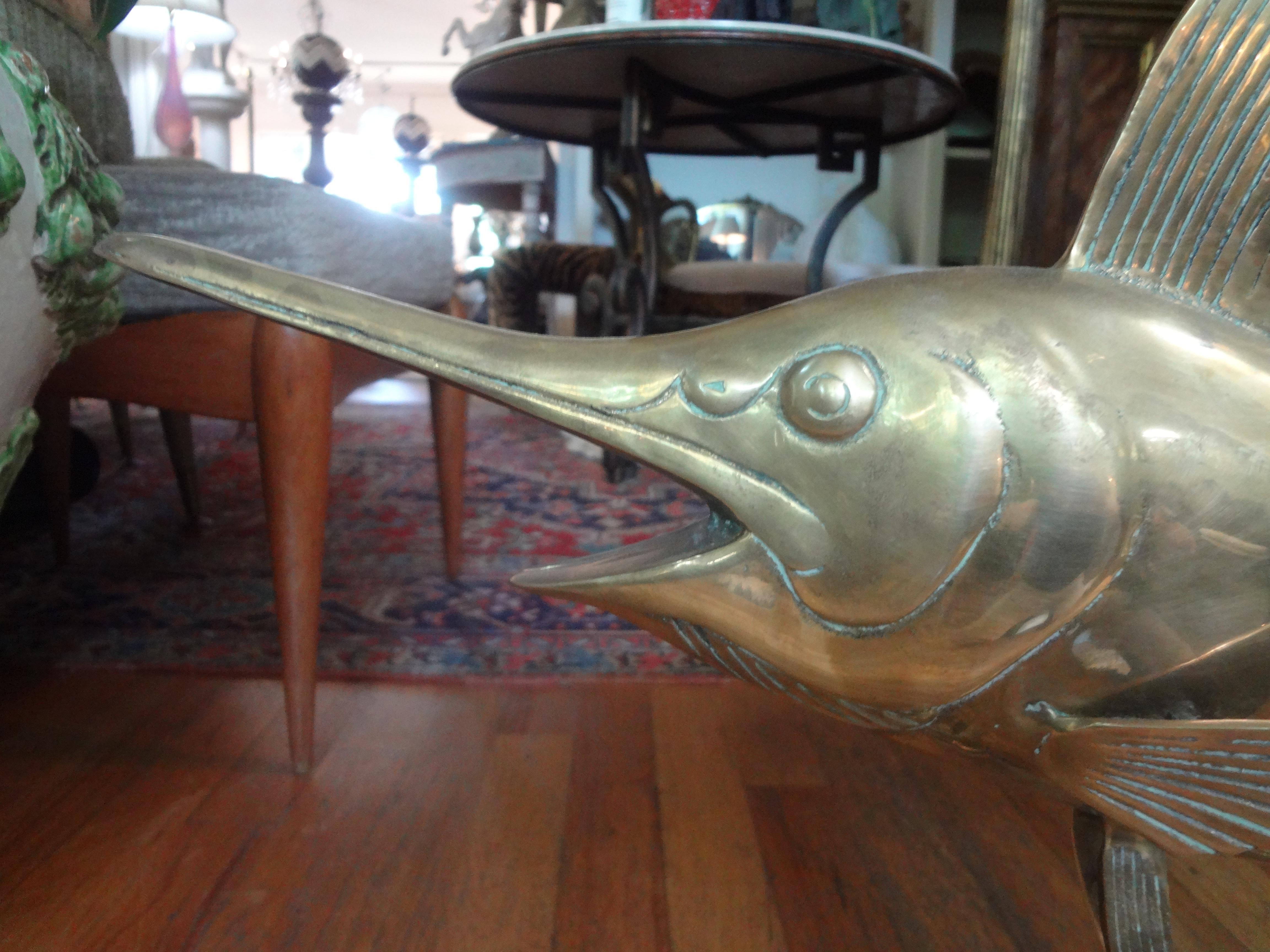 Large Hollywood Regency Brass Marlin Sculpture In Good Condition In Houston, TX