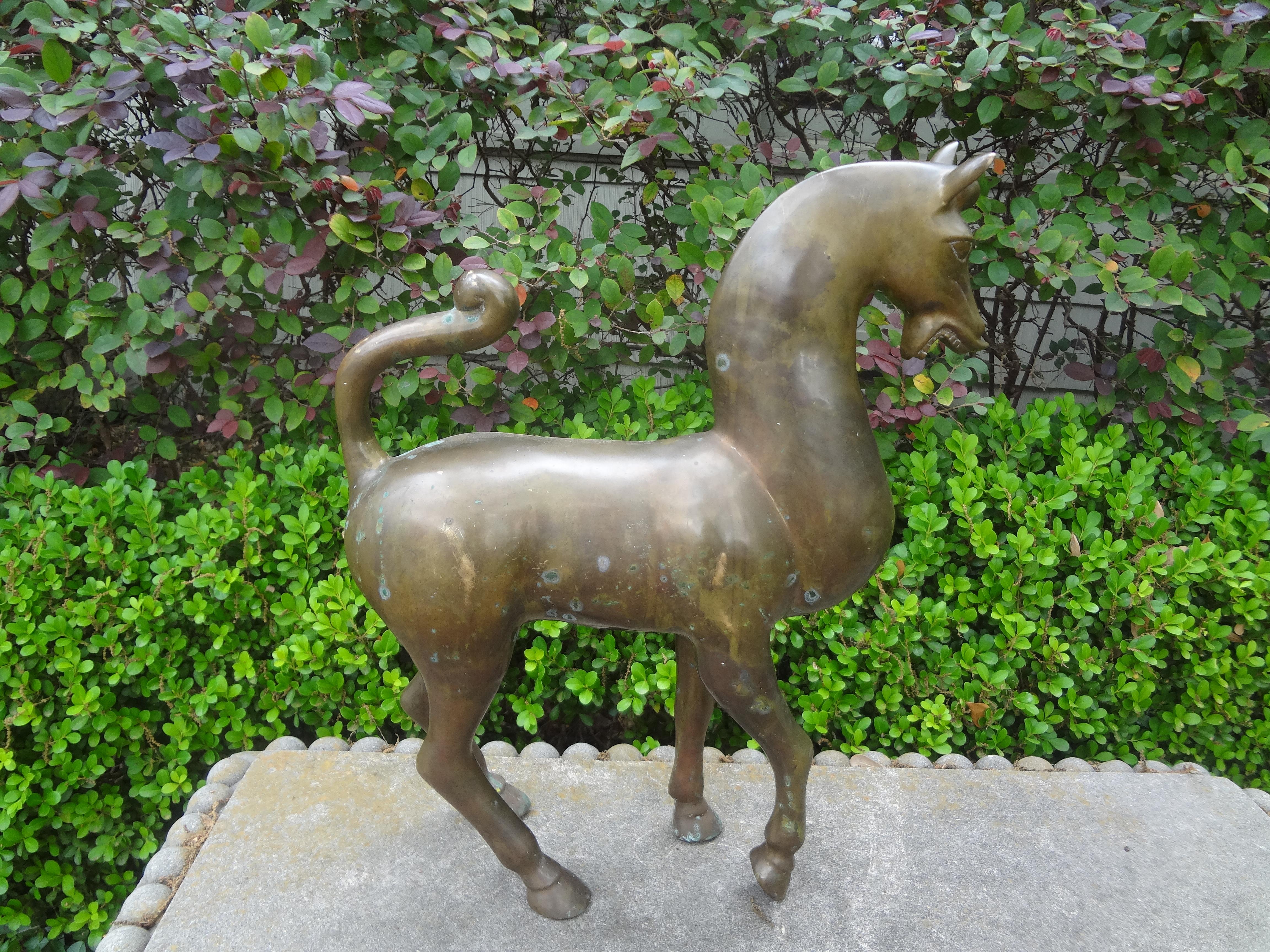 Large Hollywood Regency Brass Tang Horse Sculpture For Sale 2