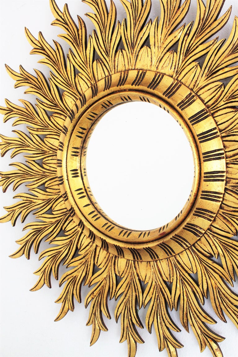 Large Hollywood Regency Carved Giltwood Round Sunburst Mirror, Spain
