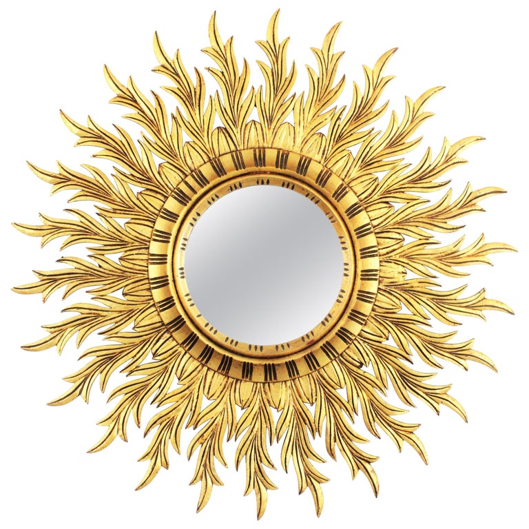 Large Hollywood Regency Carved Giltwood Round Sunburst Mirror Spain 1960s
