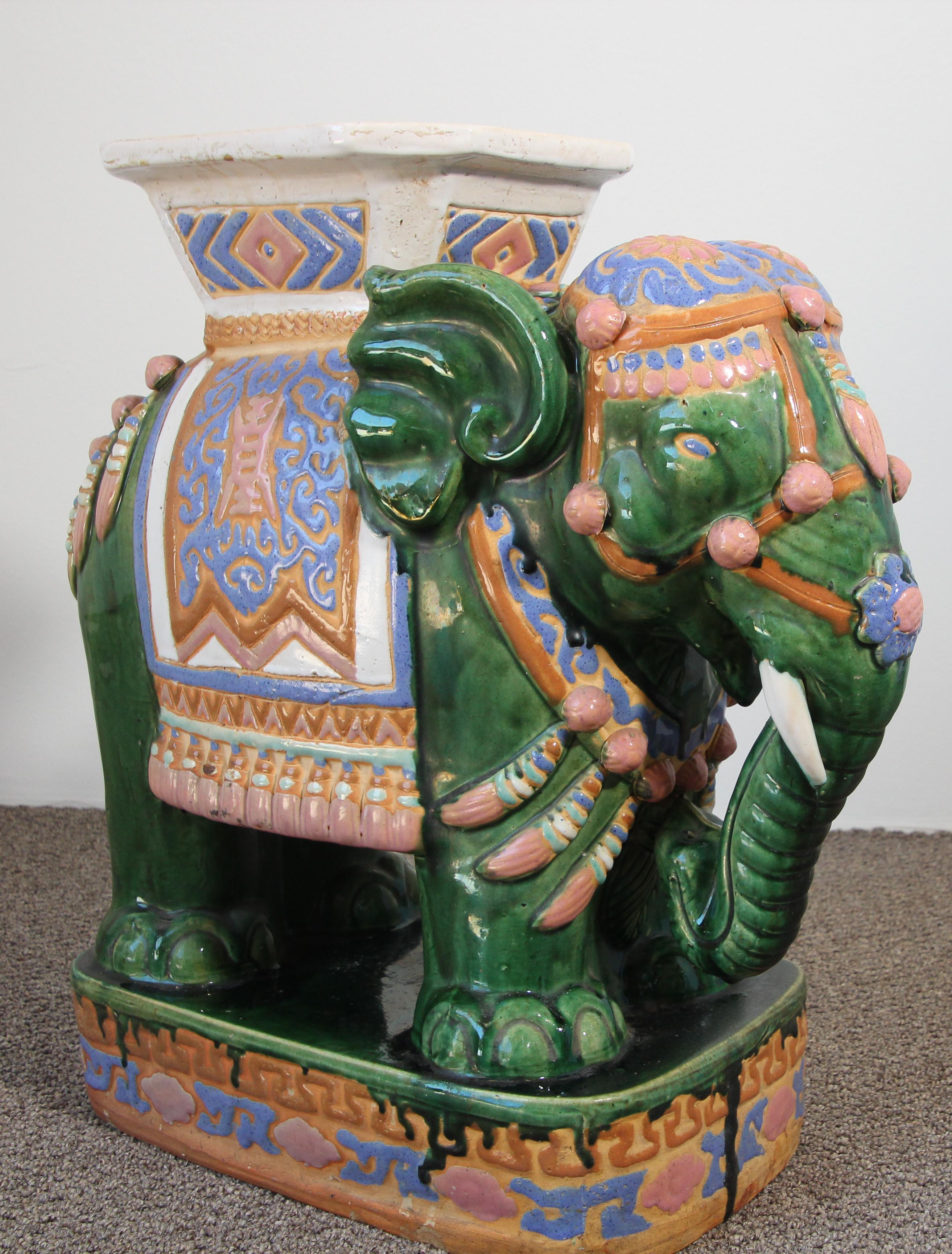 Hand-Crafted Large Hollywood Regency Ceramic Elephant Garden Stool