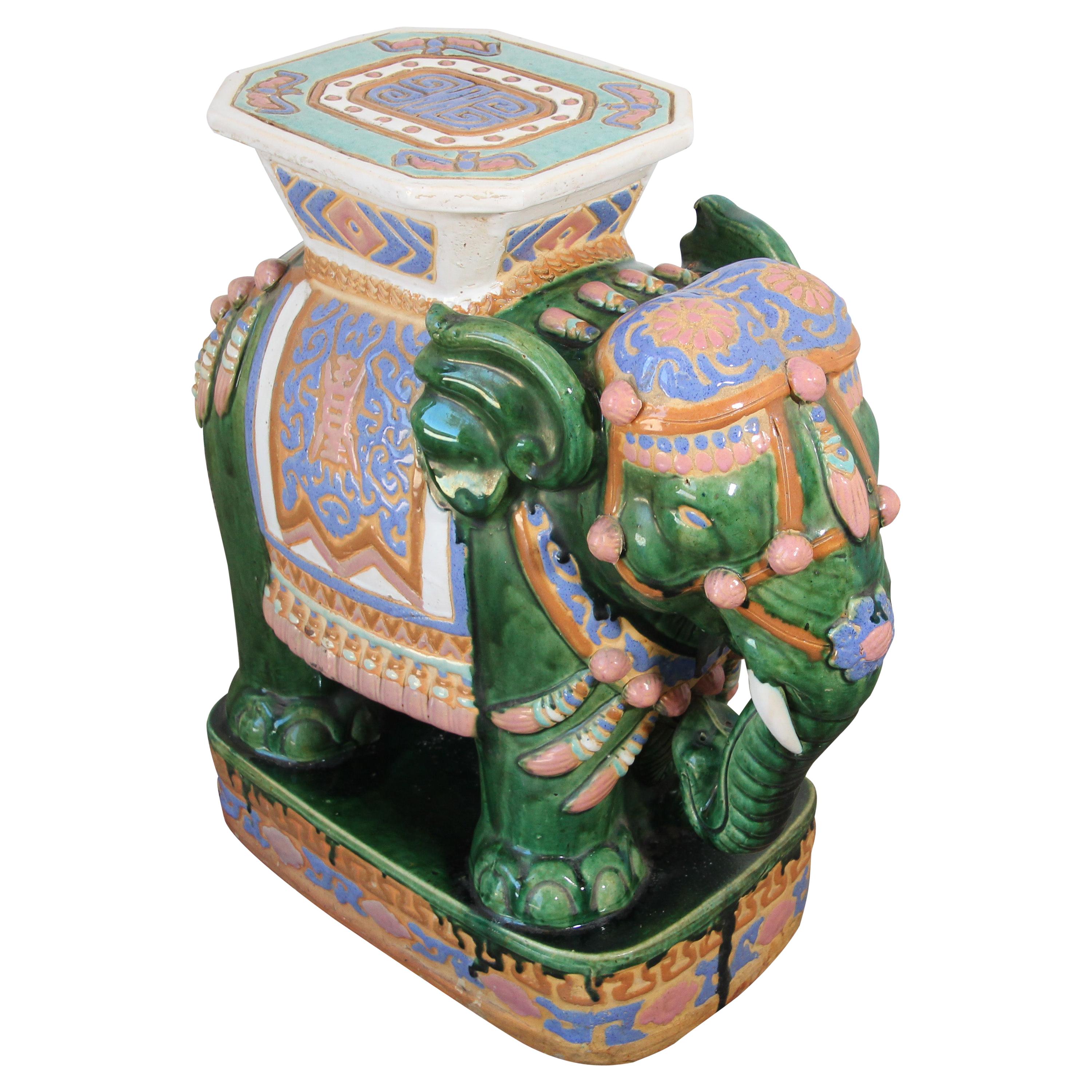 Large Hollywood Regency Ceramic Elephant Garden Stool