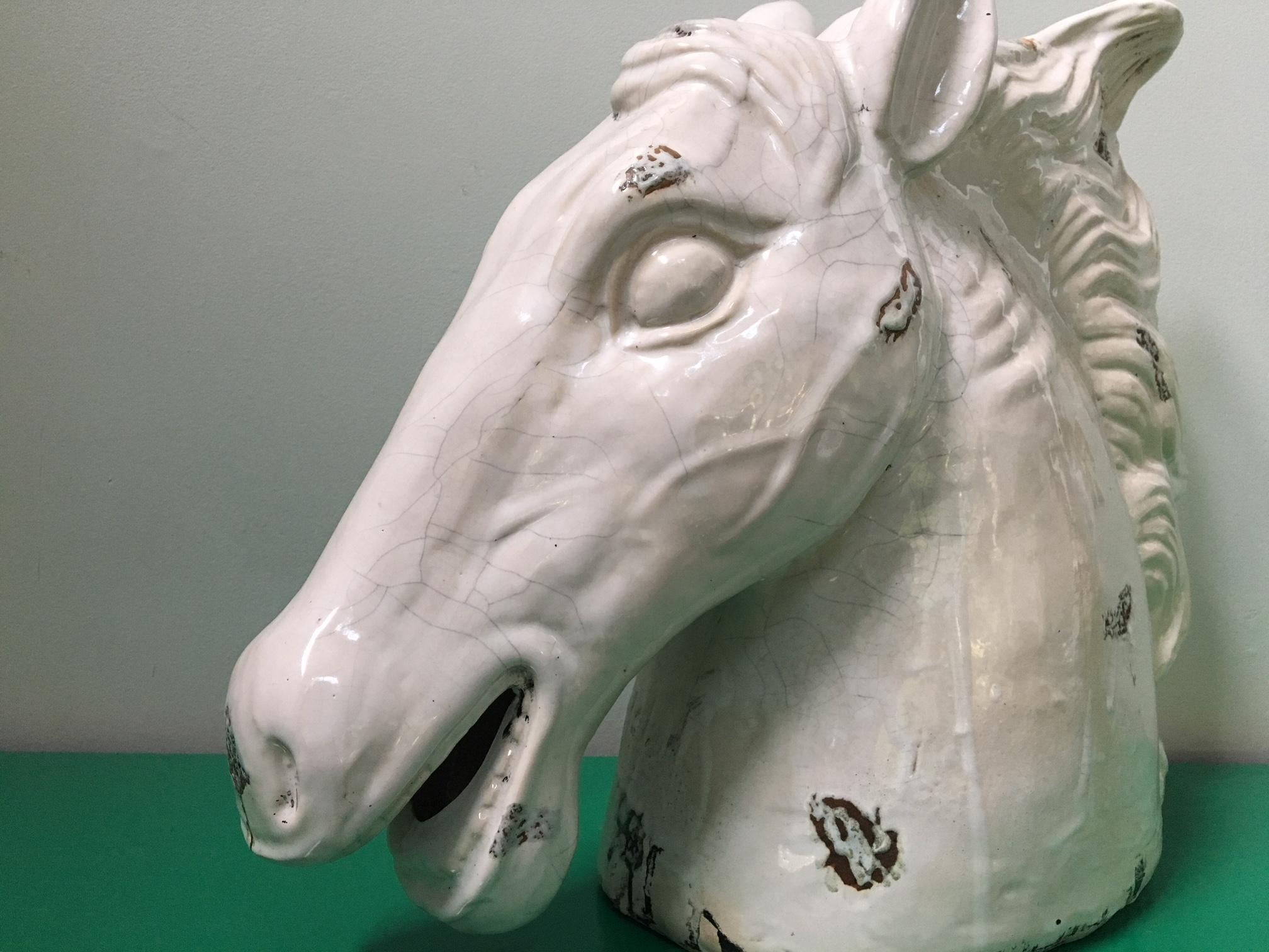 Large ceramic horse head sculpture perfect for your Hollywood Regency decor. Stands 19