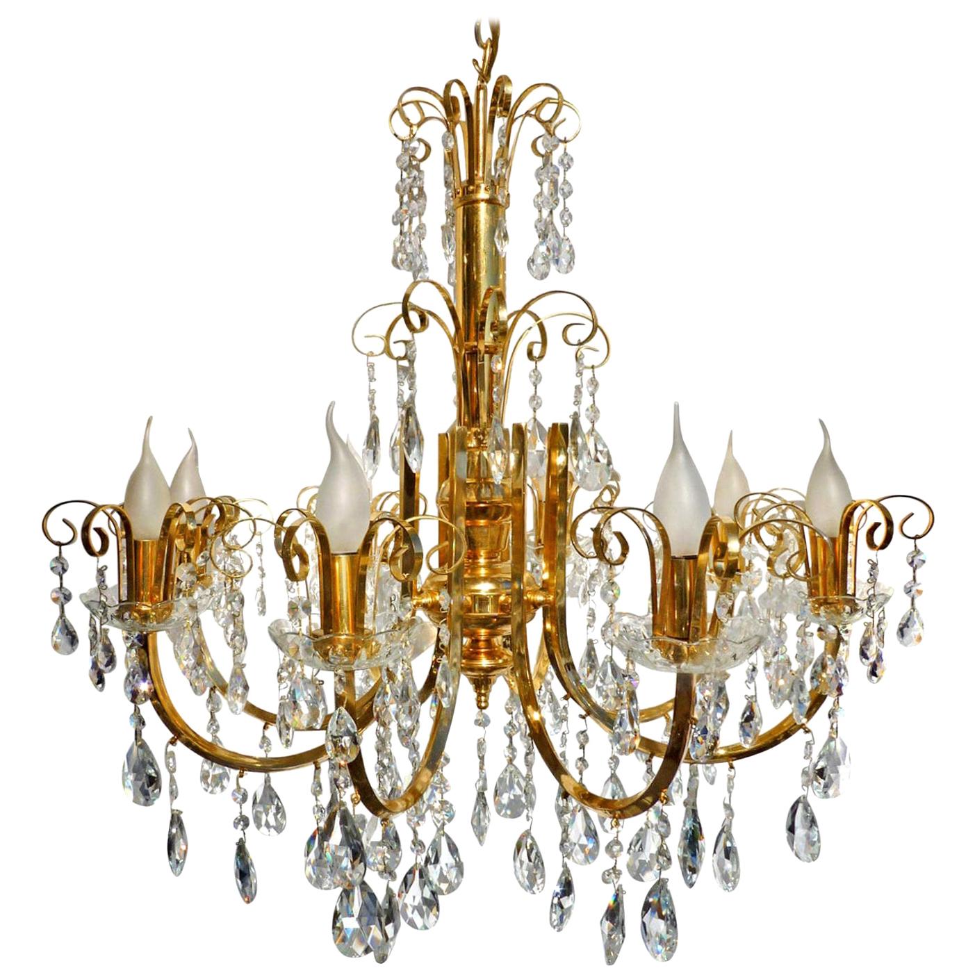 Large Hollywood Regency Crystal Cascade Waterfall Gilt Brass 8-Light Chandelier