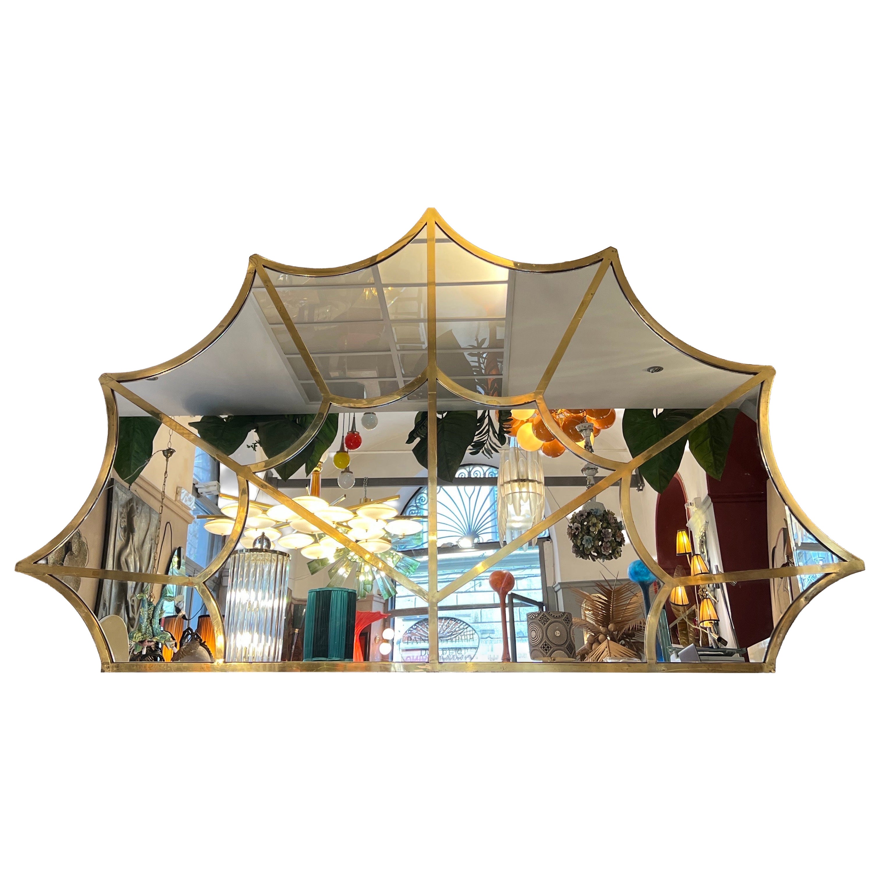 Antique Fan-Shaped Brass Wall Mirror, Mid-20th Century, 1950, 233 cm Wide For Sale
