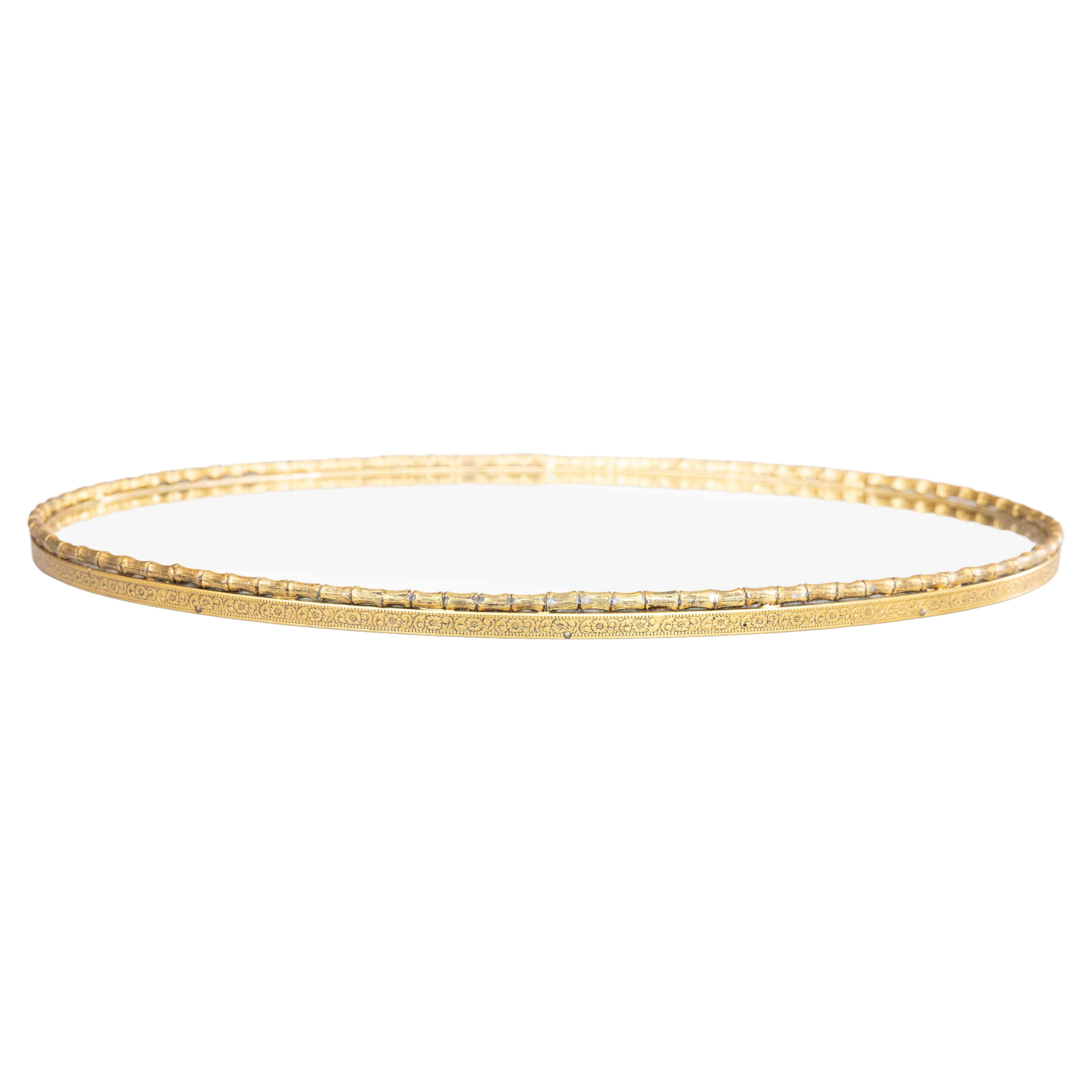 Large Hollywood Regency Faux Bamboo Gold Ormolu Oval Vanity Mirror Tray