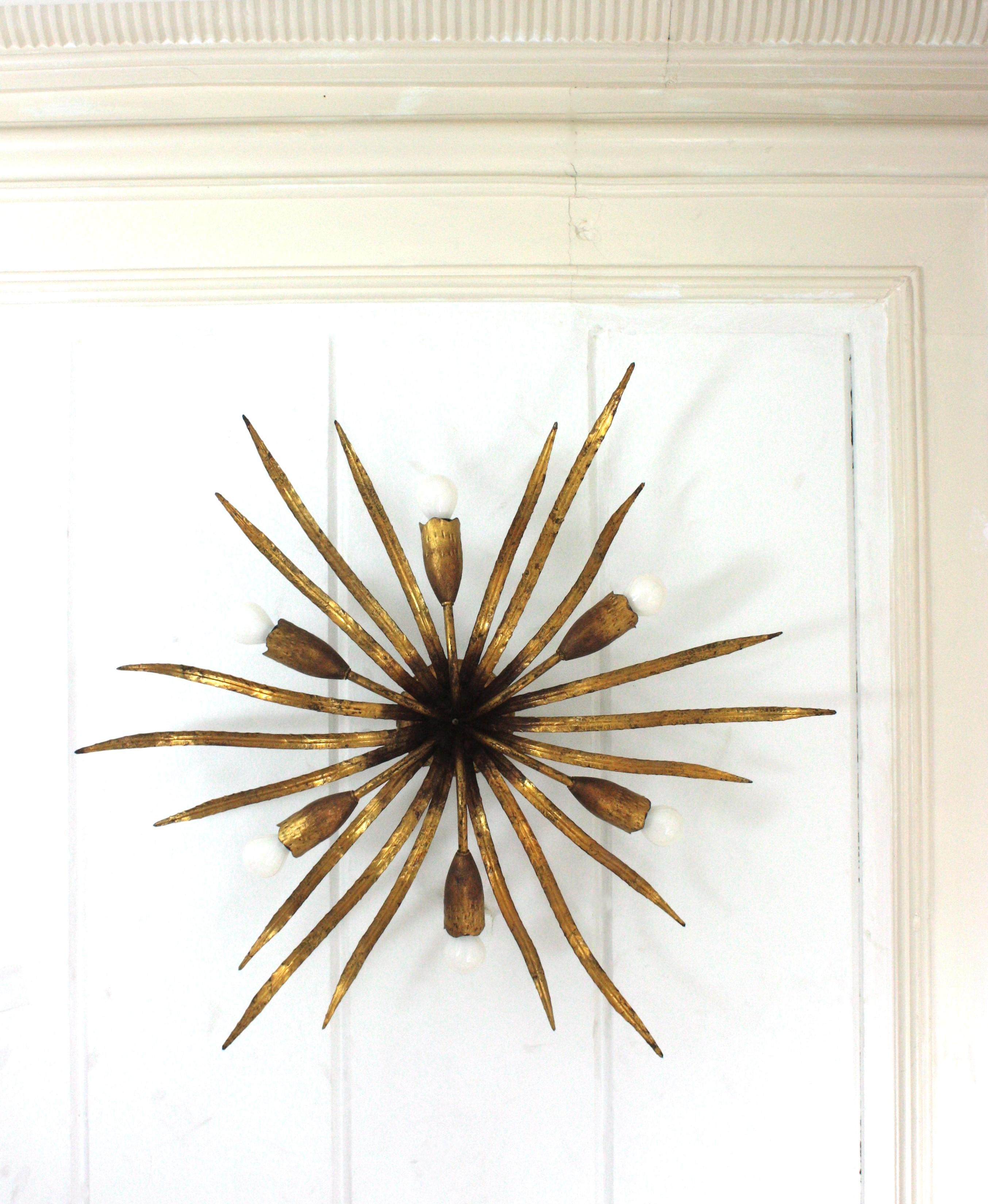 Large Hollywood Regency Foliage Ceiling Light Fixture in Gilt Iron, Spain 1940s For Sale 4