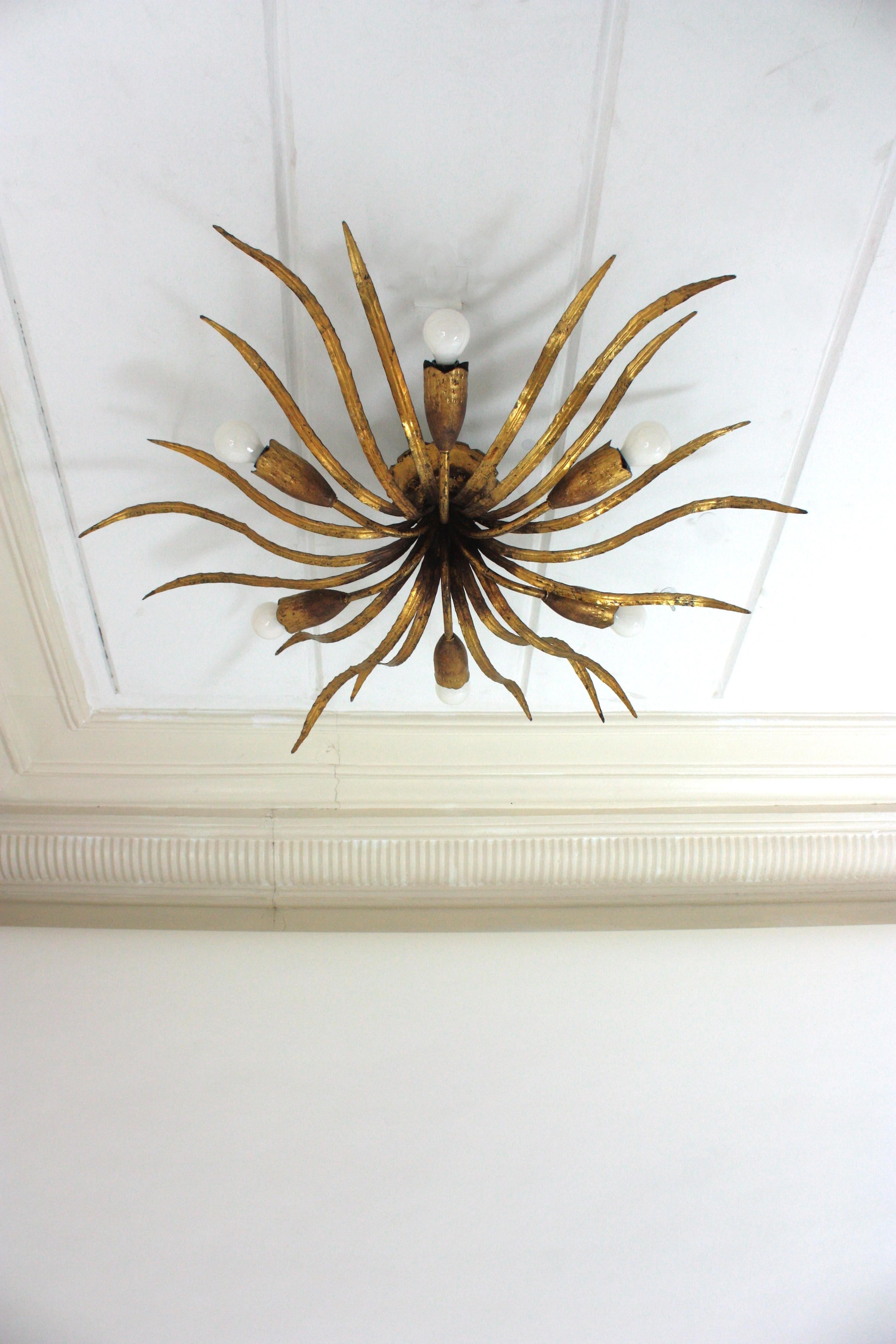 Large Hollywood Regency Foliage Ceiling Light Fixture in Gilt Iron, Spain 1940s For Sale 5