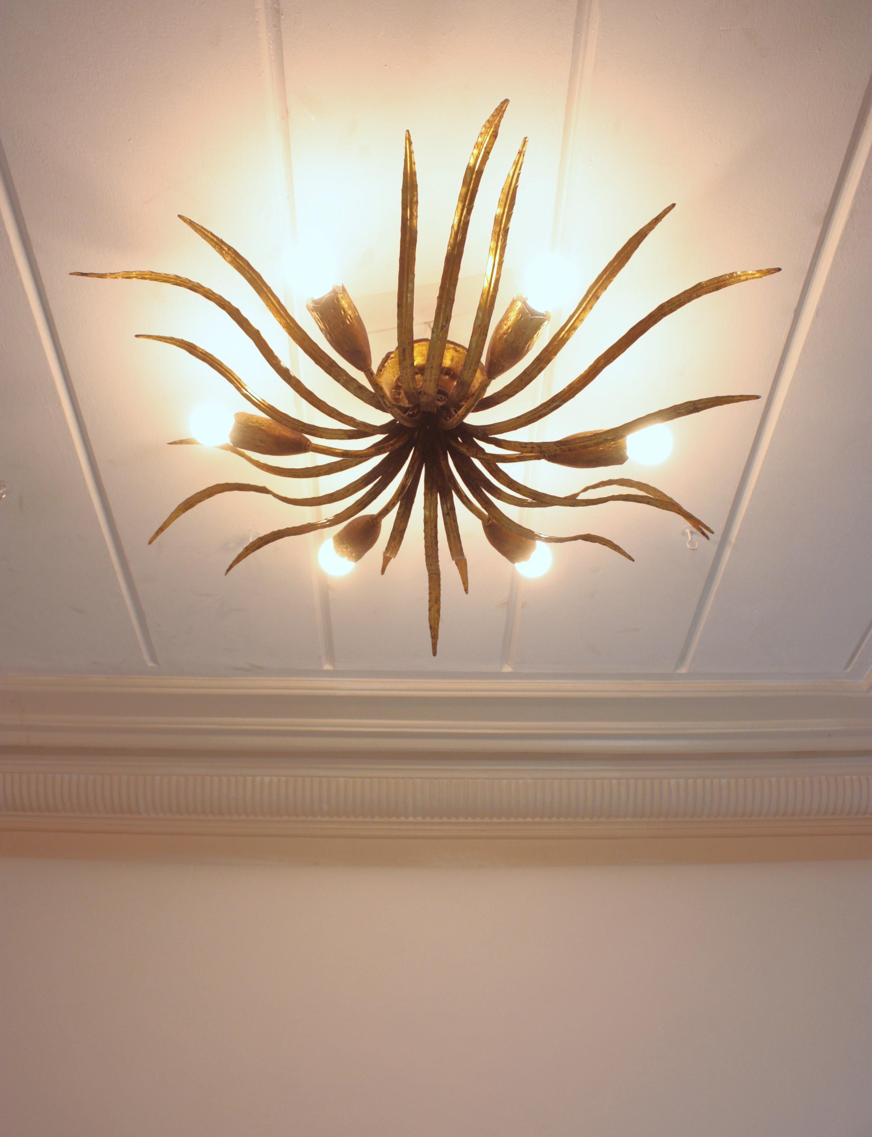 Large Hollywood Regency Foliage Ceiling Light Fixture in Gilt Iron, Spain 1940s For Sale 6