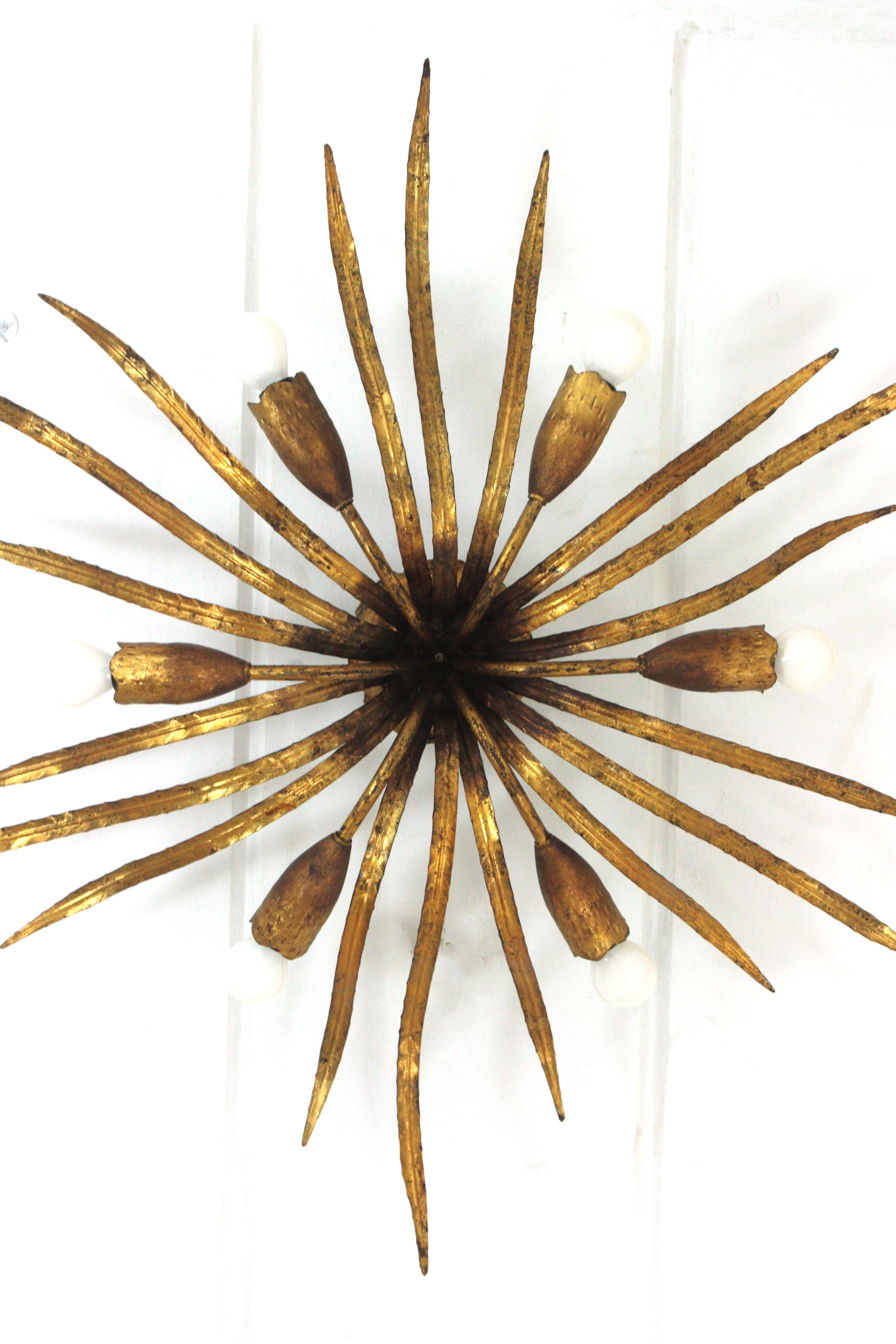 Large Hollywood Regency Foliage Ceiling Light Fixture in Gilt Iron, Spain 1940s For Sale 7