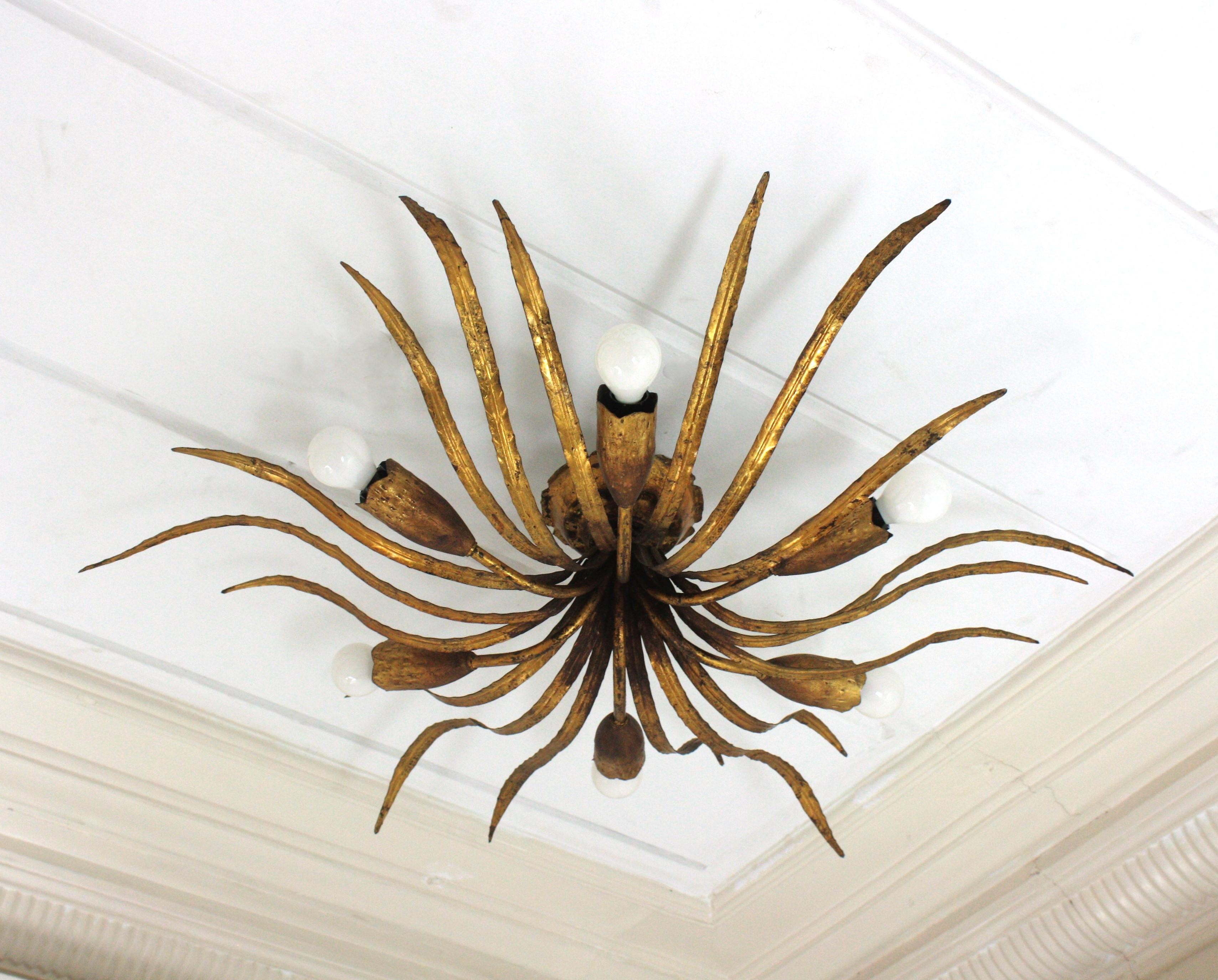 Large Hollywood Regency Foliage Ceiling Light Fixture in Gilt Iron, Spain 1940s For Sale 8