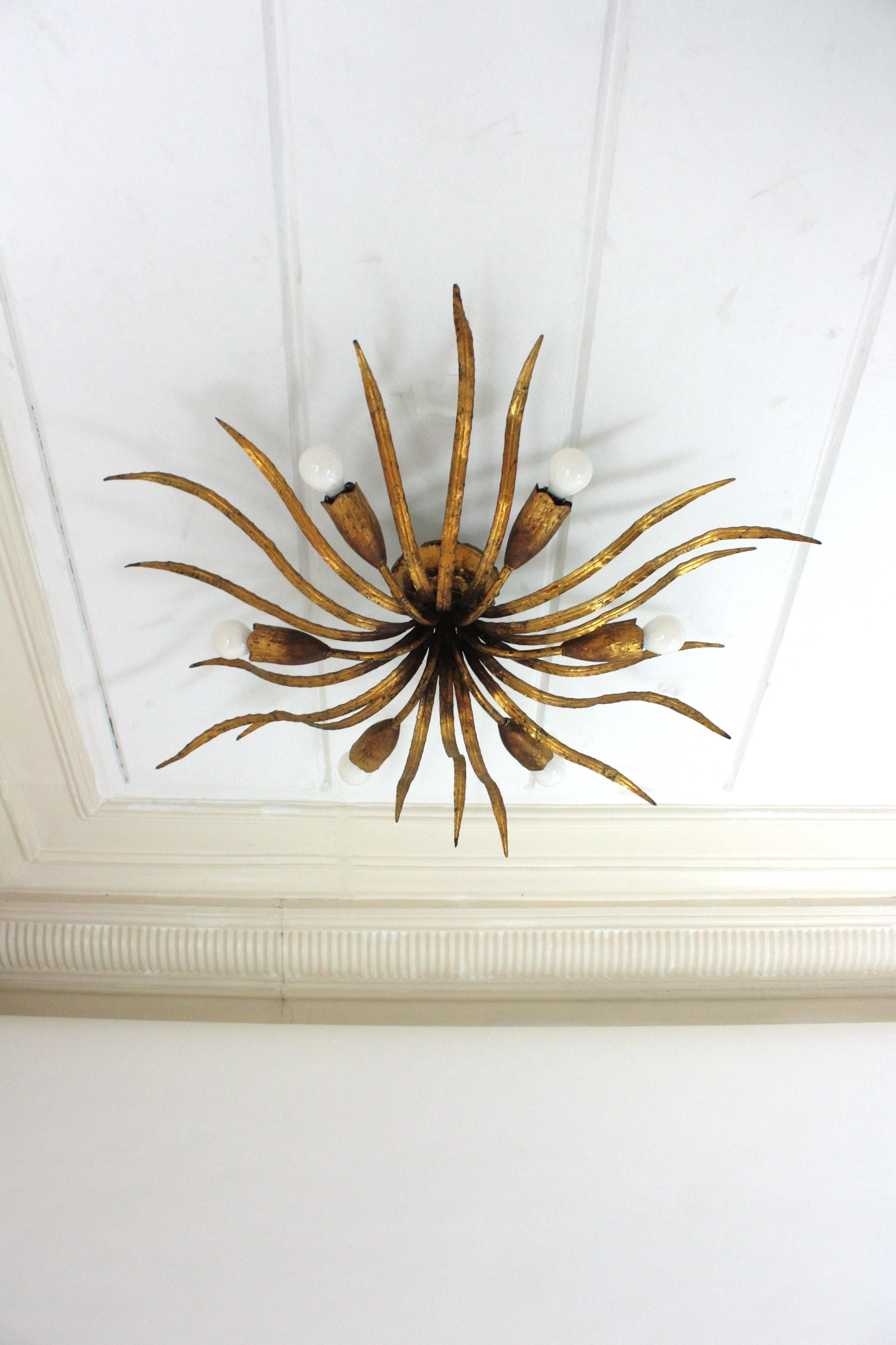 Large Hollywood Regency Foliage Ceiling Light Fixture in Gilt Iron, Spain 1940s For Sale 9