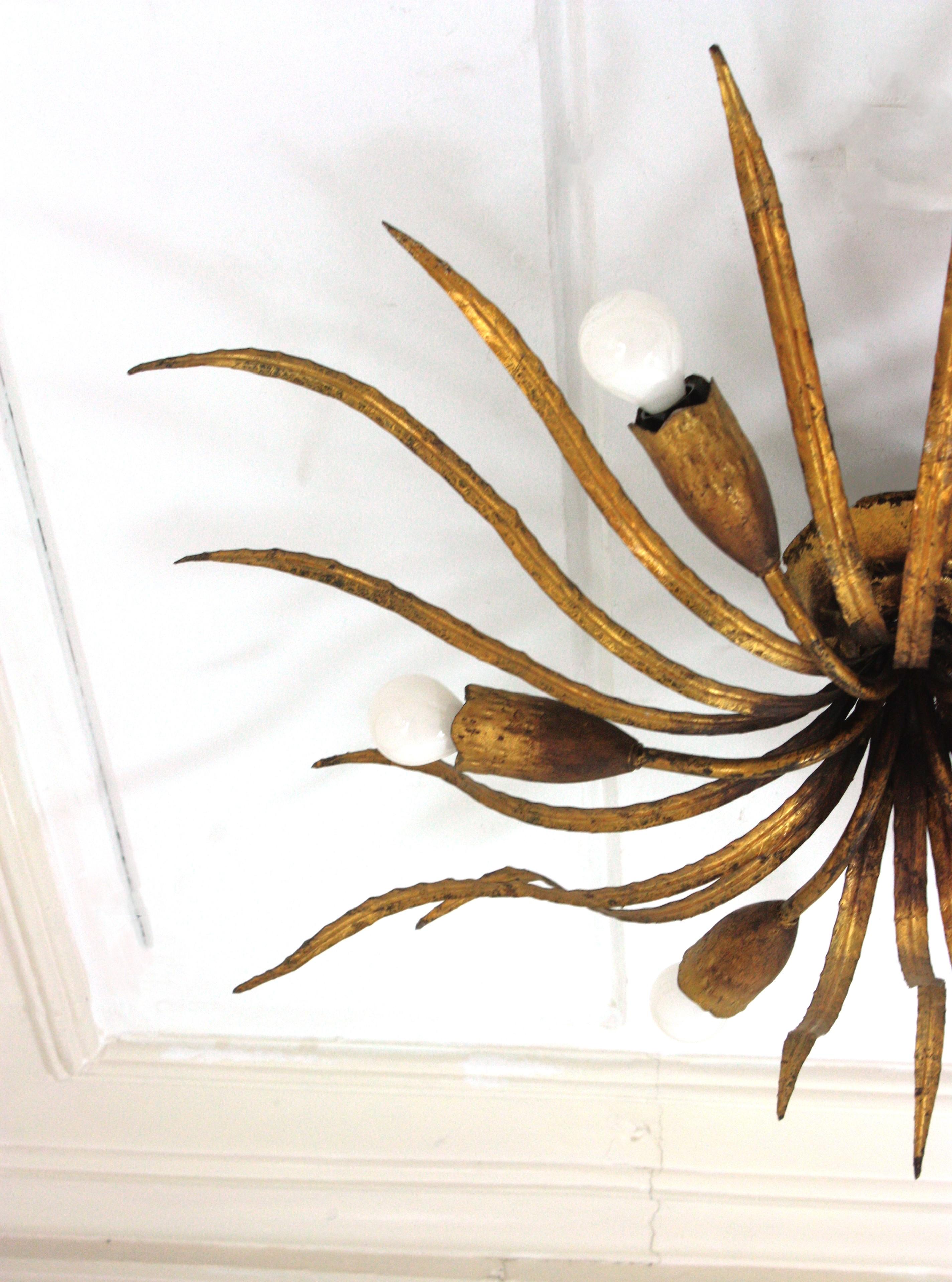 Large Hollywood Regency Foliage Ceiling Light Fixture in Gilt Iron, Spain 1940s For Sale 10