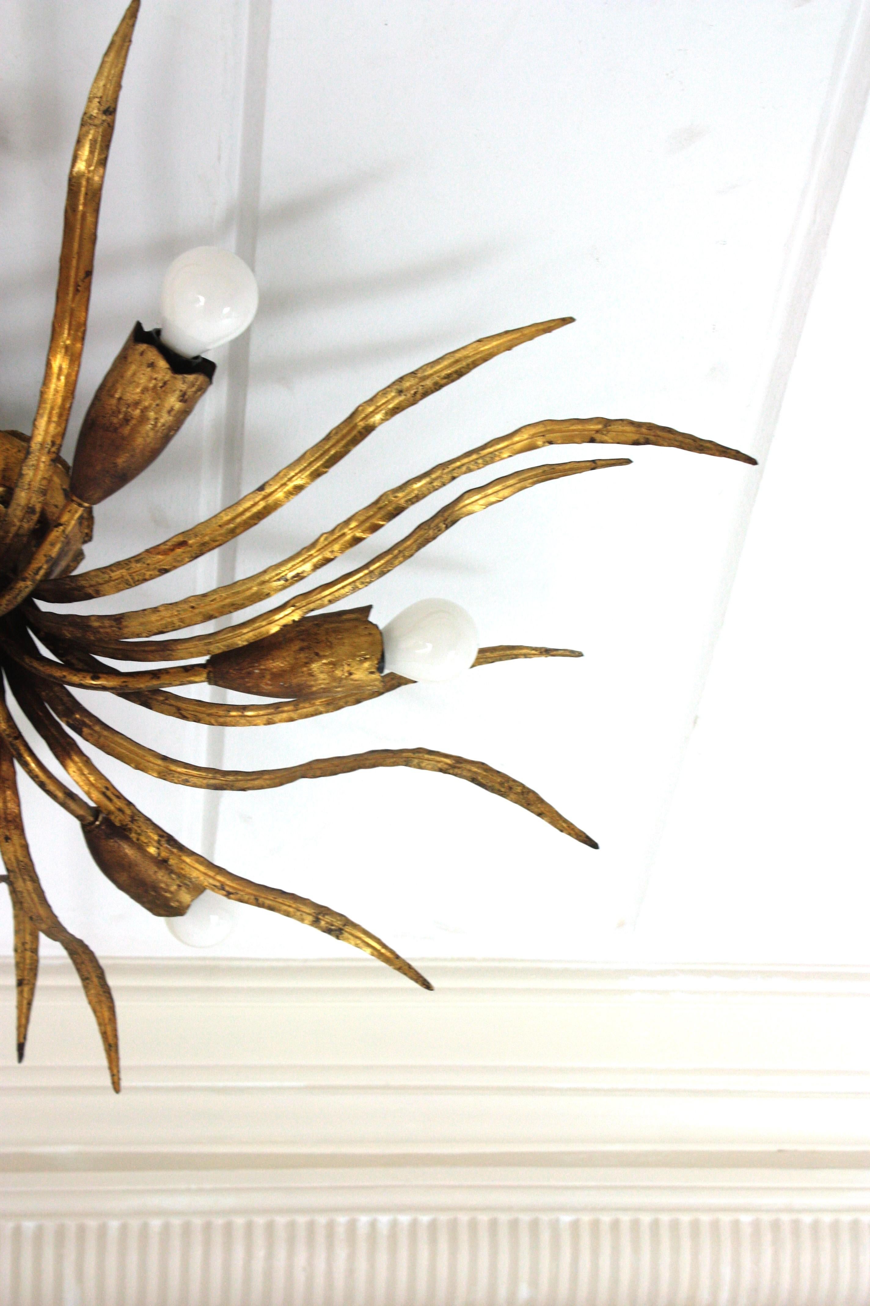 Large Hollywood Regency Foliage Ceiling Light Fixture in Gilt Iron, Spain 1940s For Sale 11