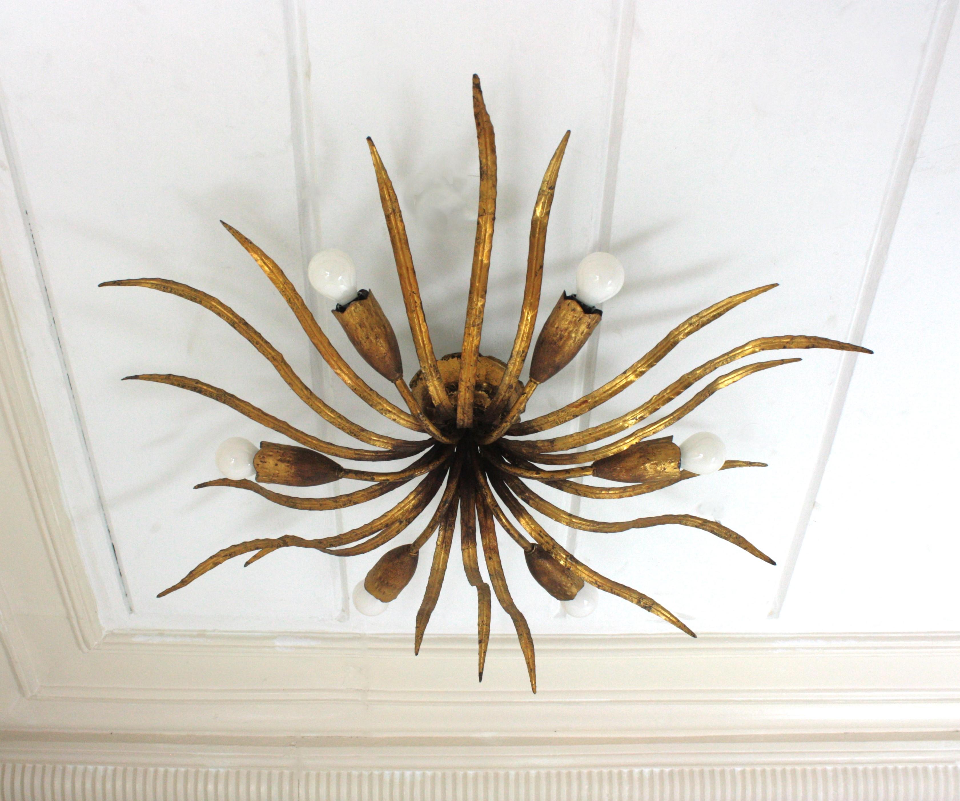 Large Hollywood Regency Foliage Ceiling Light Fixture in Gilt Iron, Spain 1940s For Sale 12