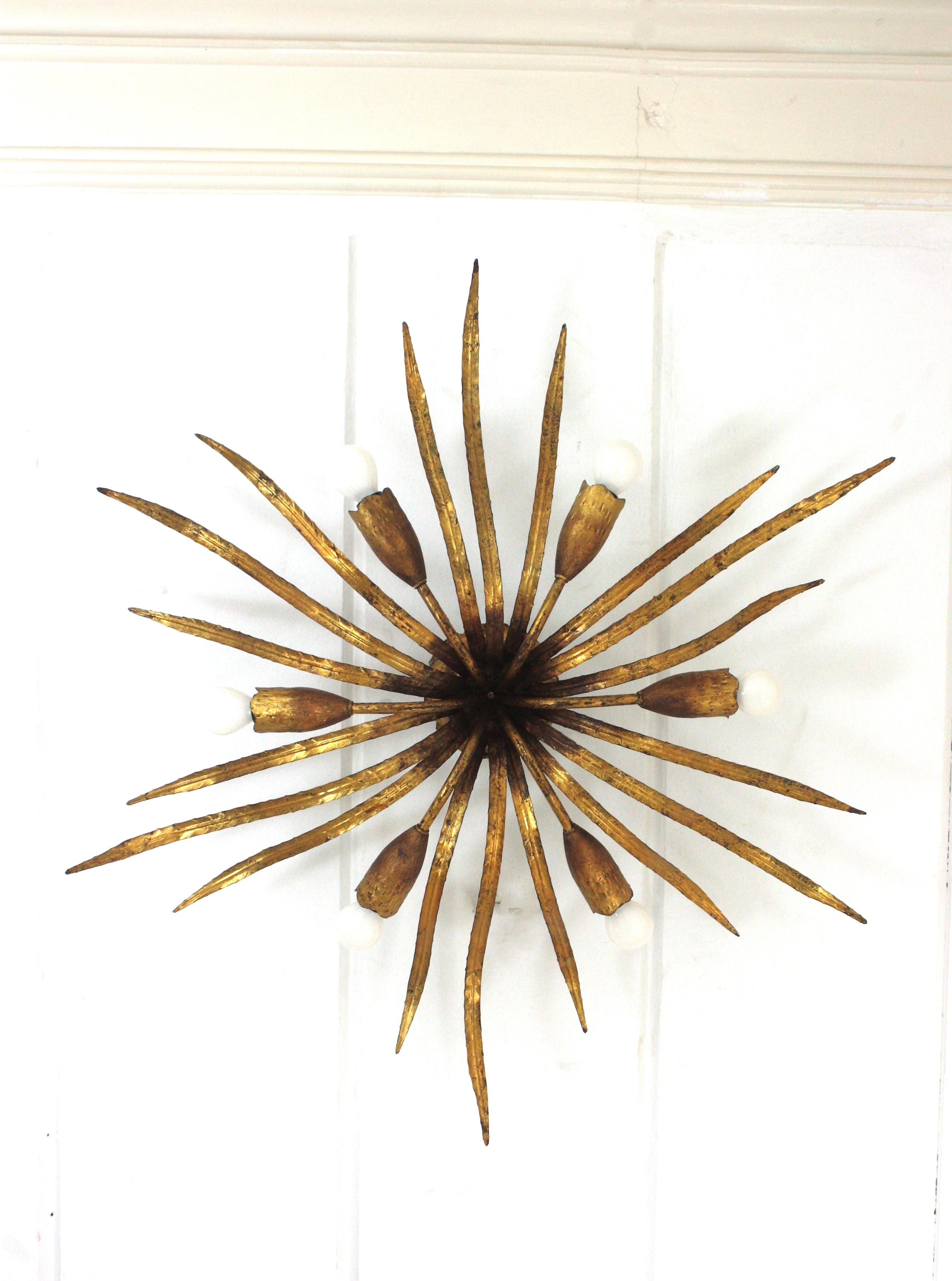 Large Hollywood Regency Foliage Ceiling Light Fixture in Gilt Iron, Spain 1940s For Sale 13