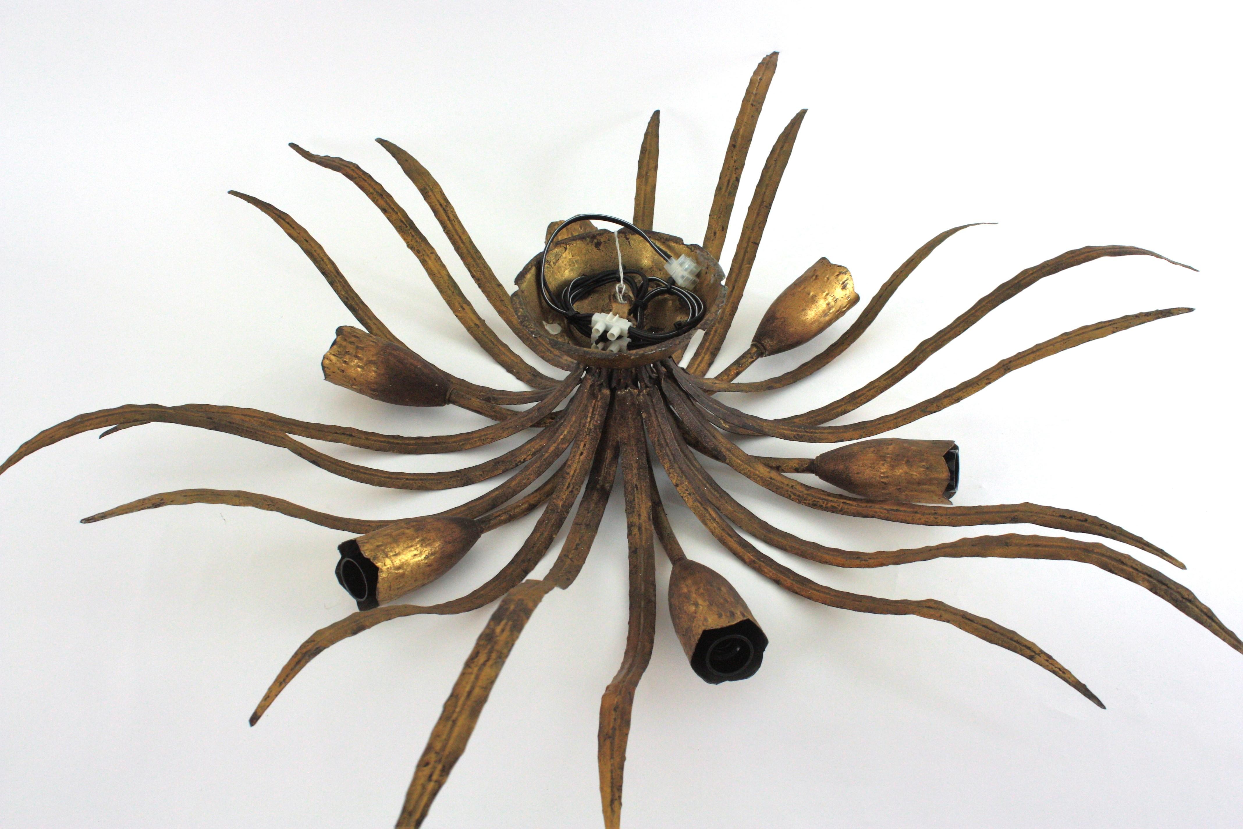 Large Hollywood Regency Foliage Ceiling Light Fixture in Gilt Iron, Spain 1940s For Sale 14