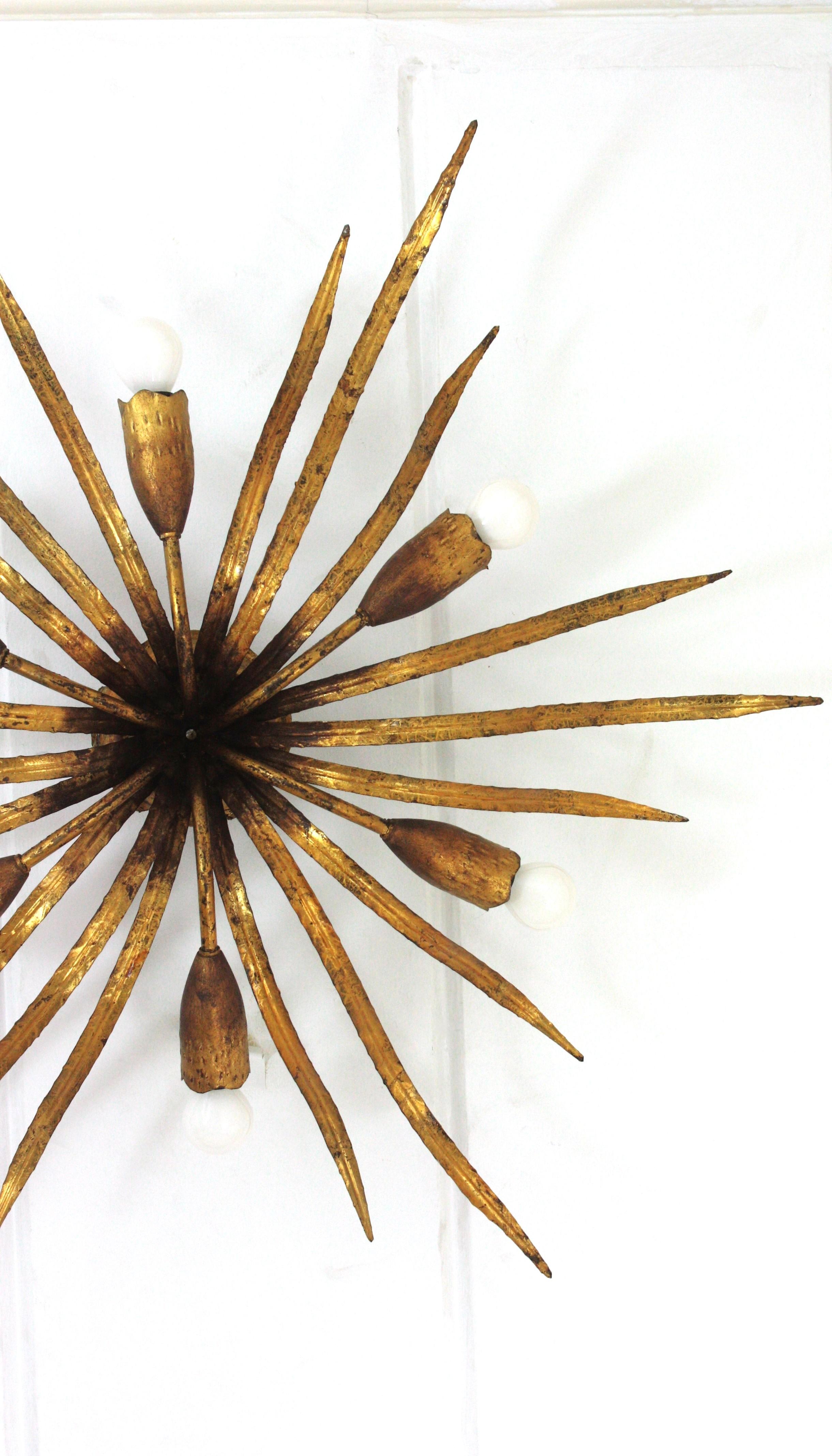 Large Hollywood Regency Foliage Ceiling Light Fixture in Gilt Iron, Spain 1940s For Sale 1