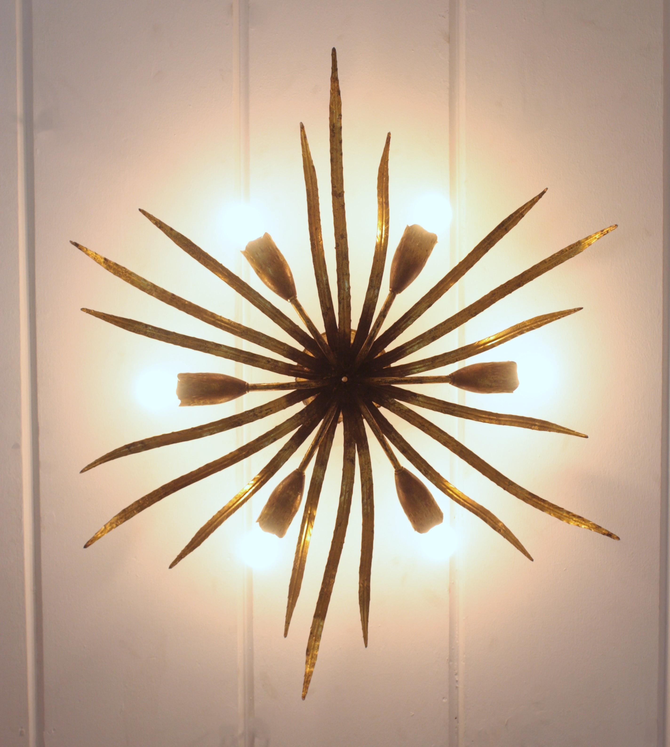 Large Hollywood Regency Foliage Ceiling Light Fixture in Gilt Iron, Spain 1940s For Sale 2