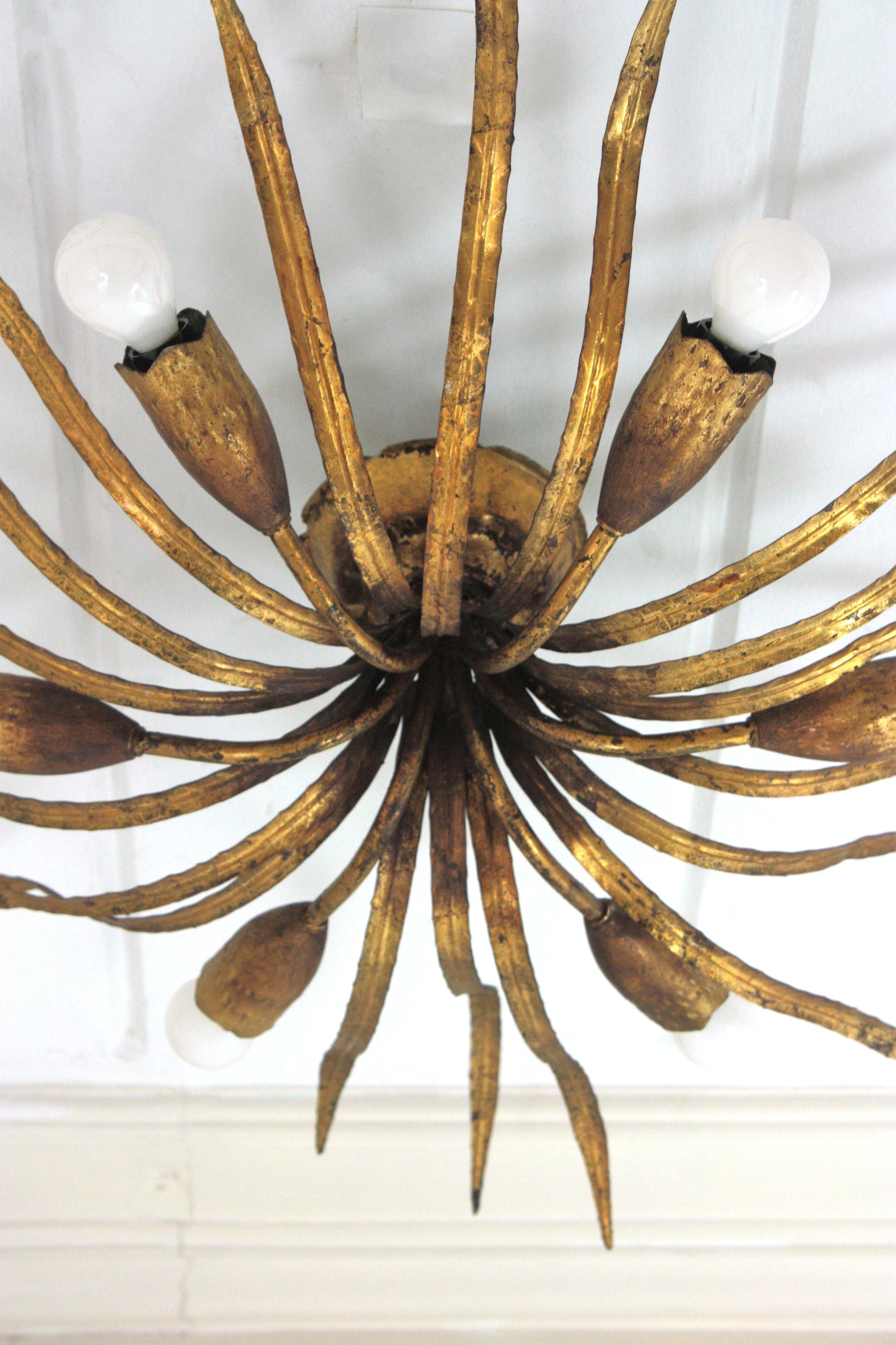 Large Hollywood Regency Foliage Ceiling Light Fixture in Gilt Iron, Spain 1940s For Sale 3