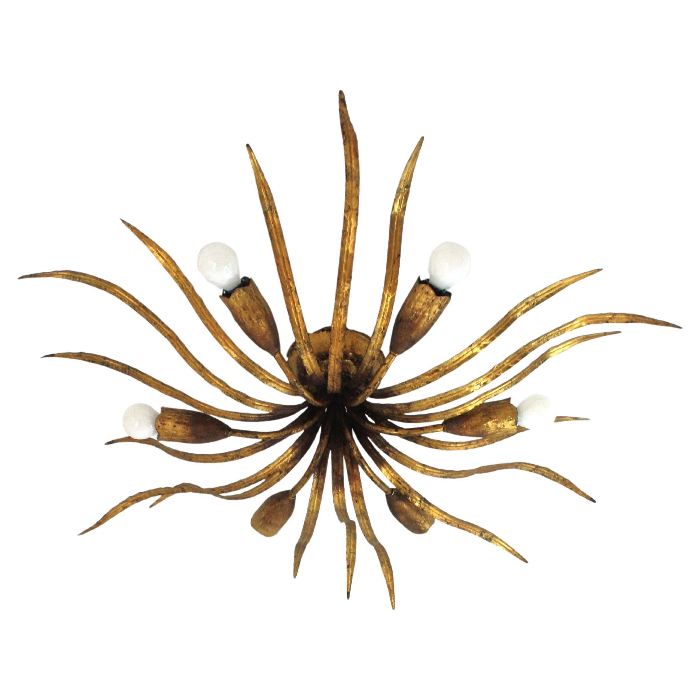 Large Hollywood Regency Foliage Ceiling Light Fixture in Gilt Iron, Spain 1940s For Sale