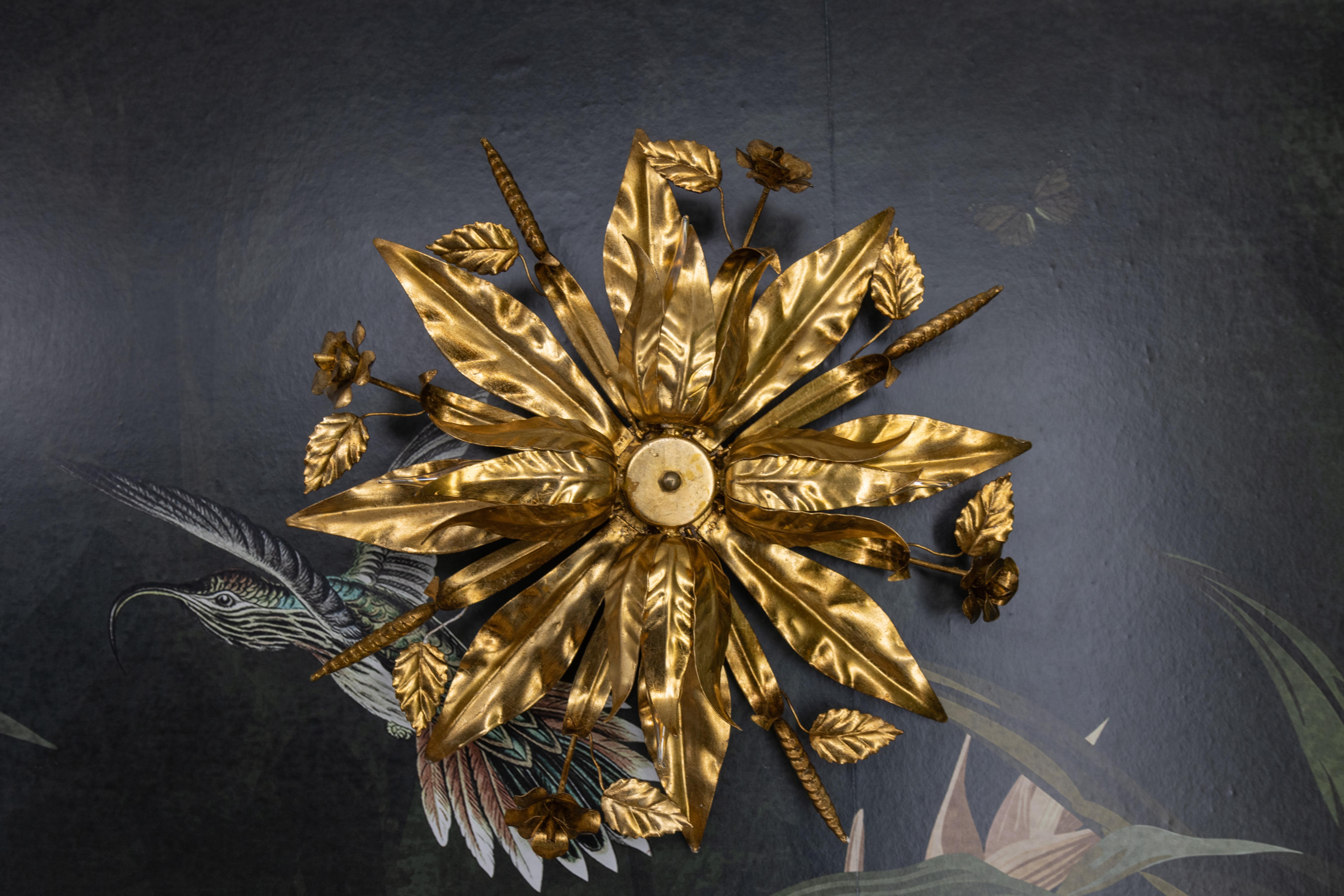 Large Hollywood Regency Gilt Metal Floral Four-Light Flush Mount or Wall Sconce im Angebot 2