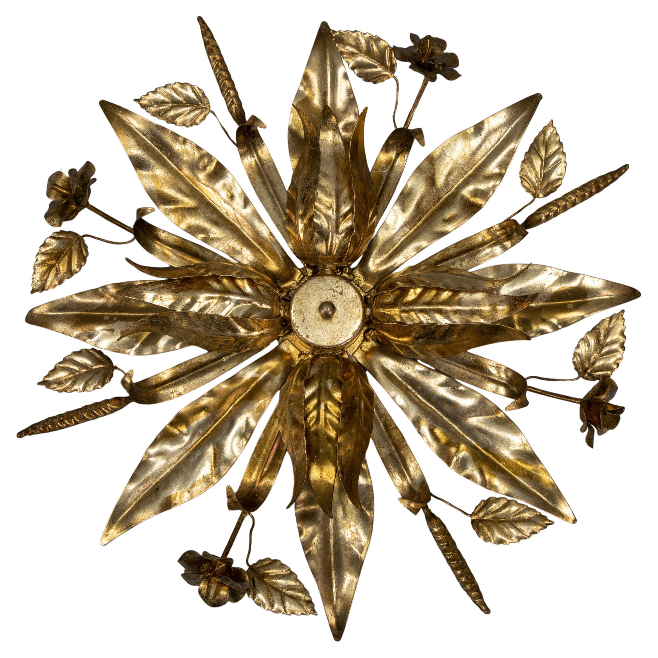 Large Hollywood Regency Gilt Metal Floral Four-Light Flush Mount or Wall Sconce