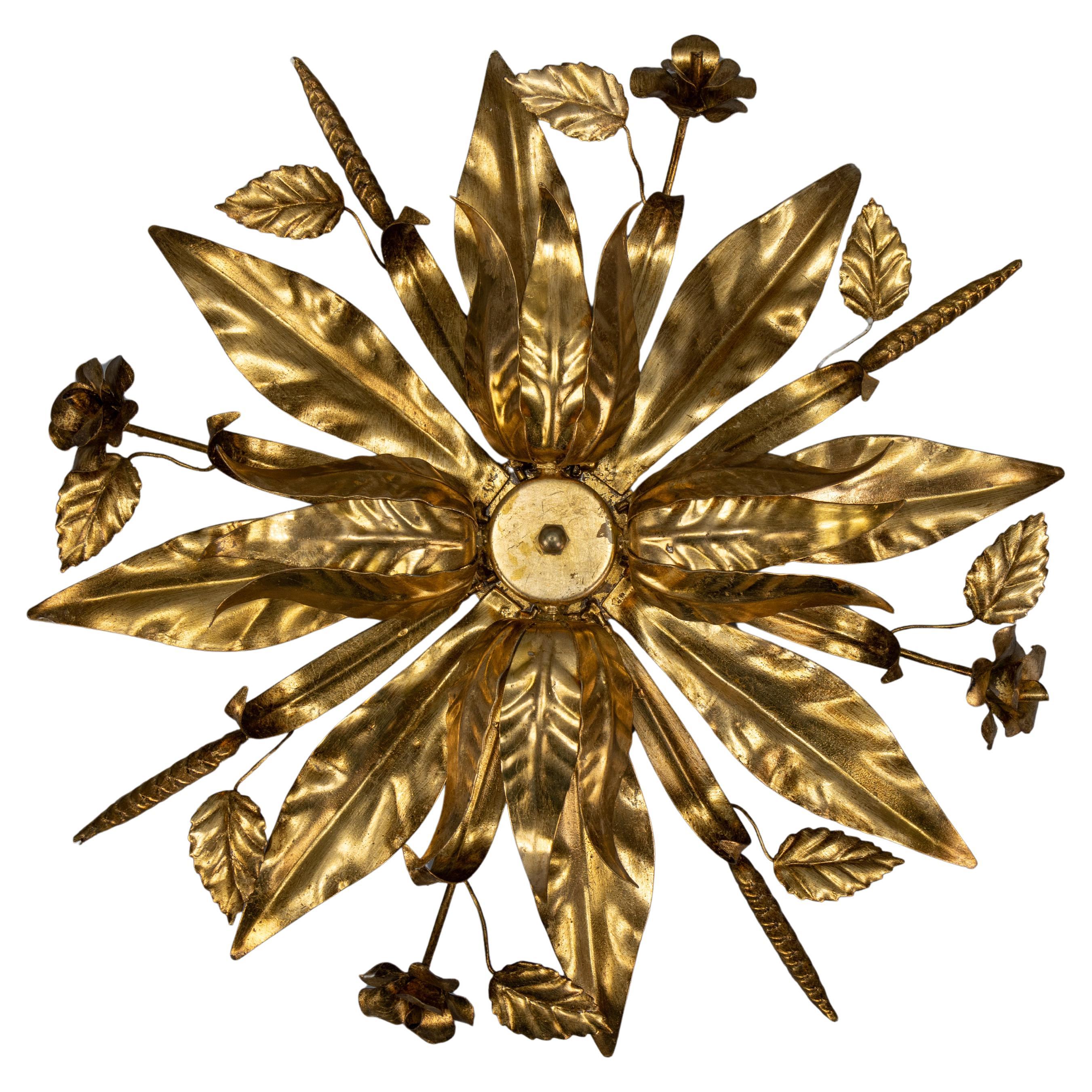 Large Hollywood Regency Gilt Metal Floral Four-Light Flush Mount or Wall Sconce im Angebot