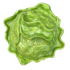 Large Hollywood Regency Green Ceramic Cabbage Ware Serving Bowl with Lid