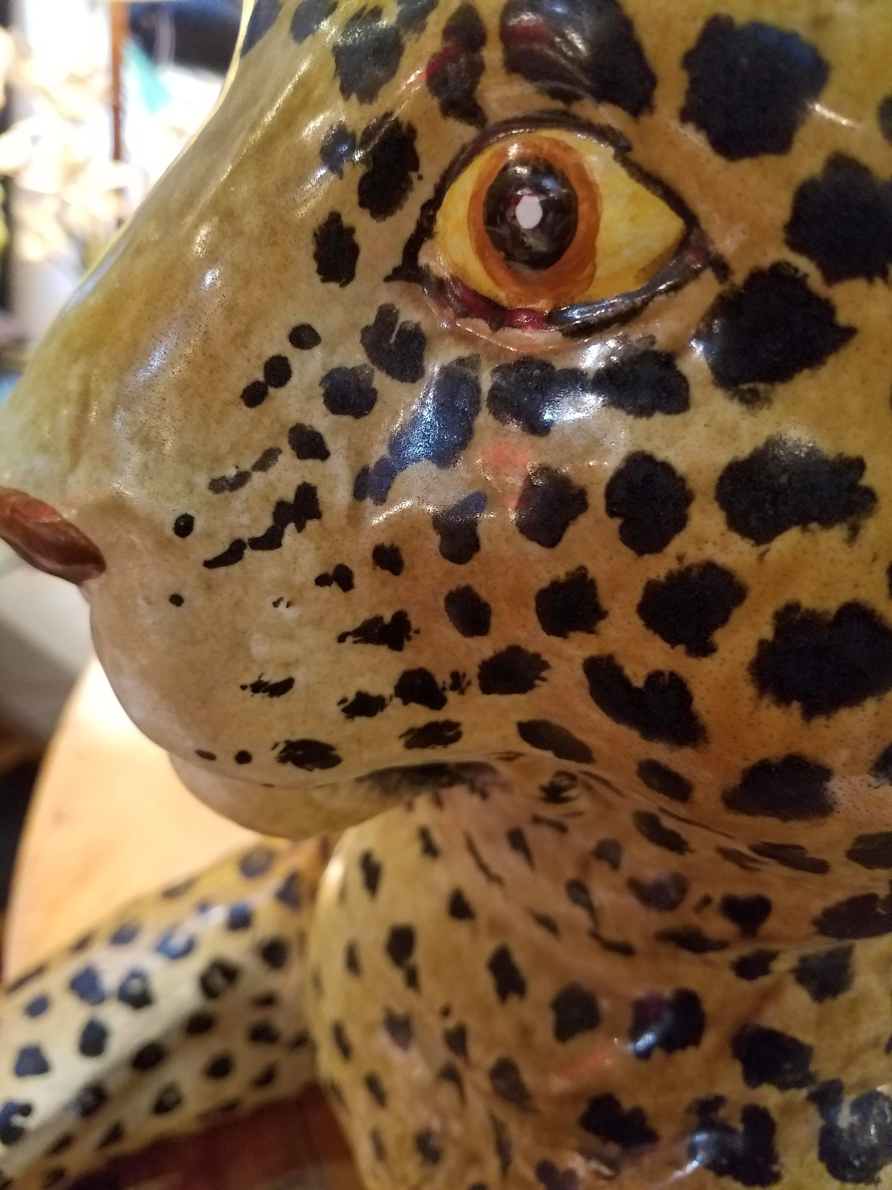 Italian Large Hollywood Regency Hand Painted Terracotta Leopard, Made in Italy
