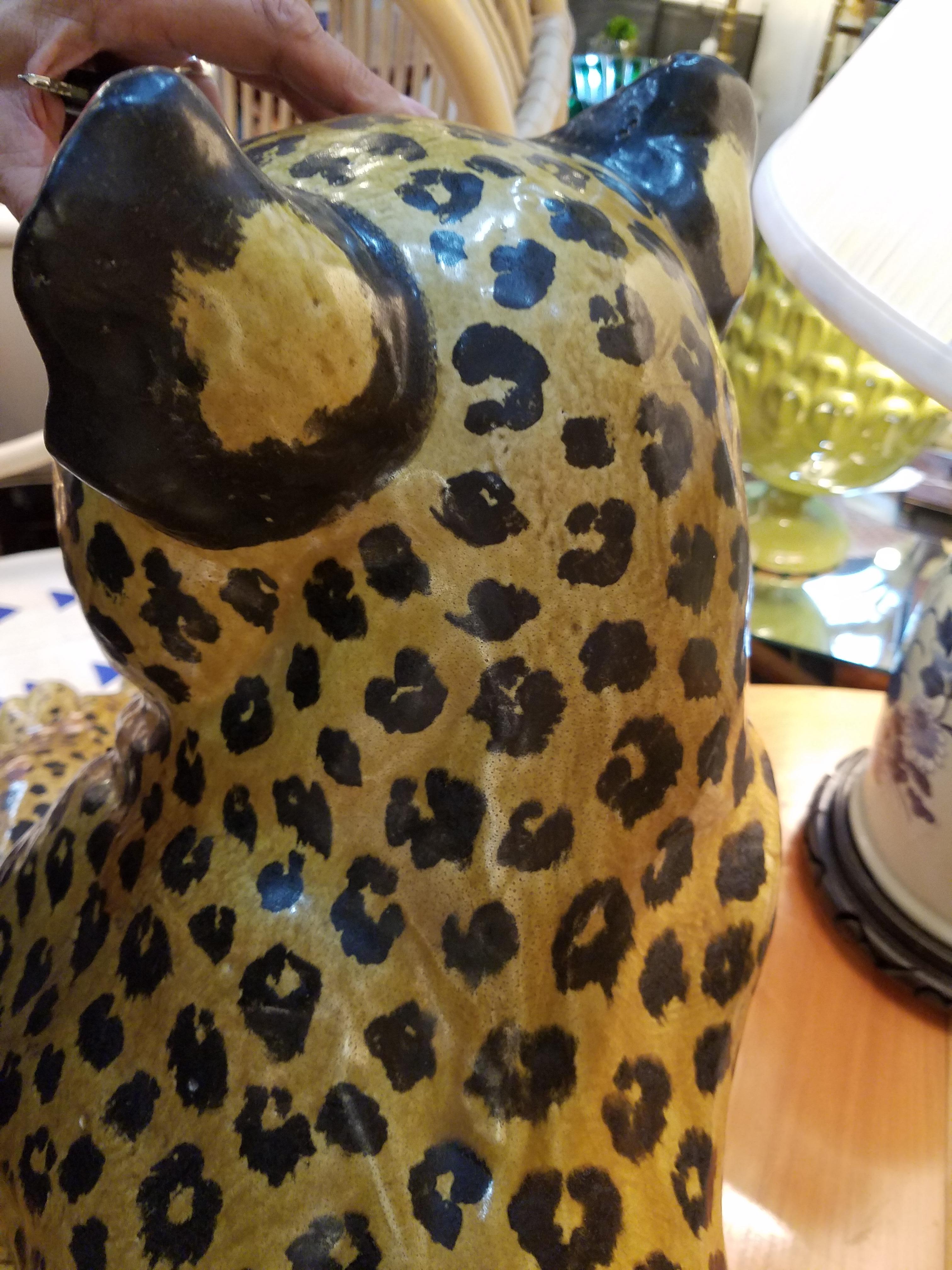 Hand-Painted Large Hollywood Regency Hand Painted Terracotta Leopard, Made in Italy