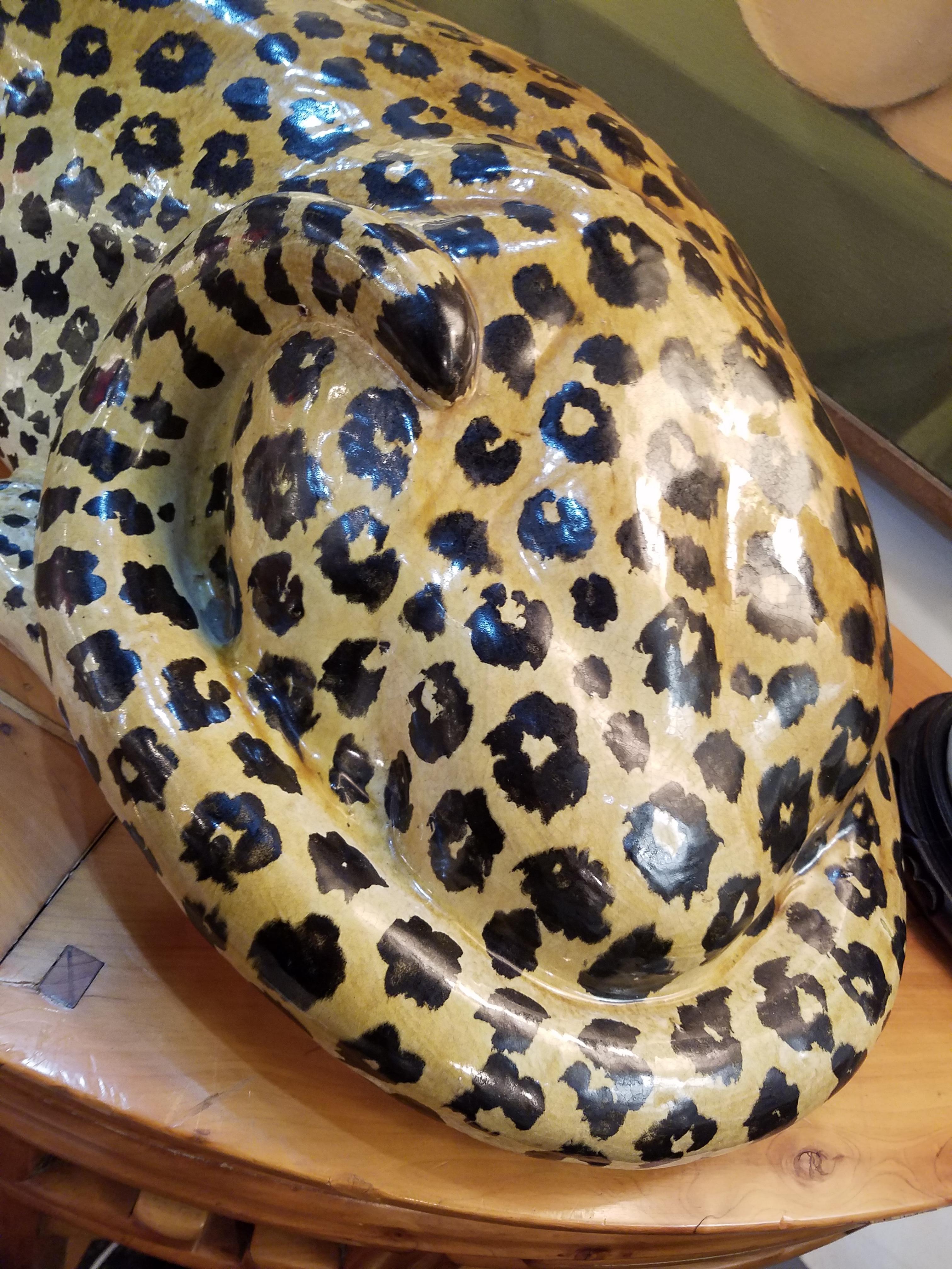 Large Hollywood Regency Hand Painted Terracotta Leopard, Made in Italy In Excellent Condition In Lambertville, NJ