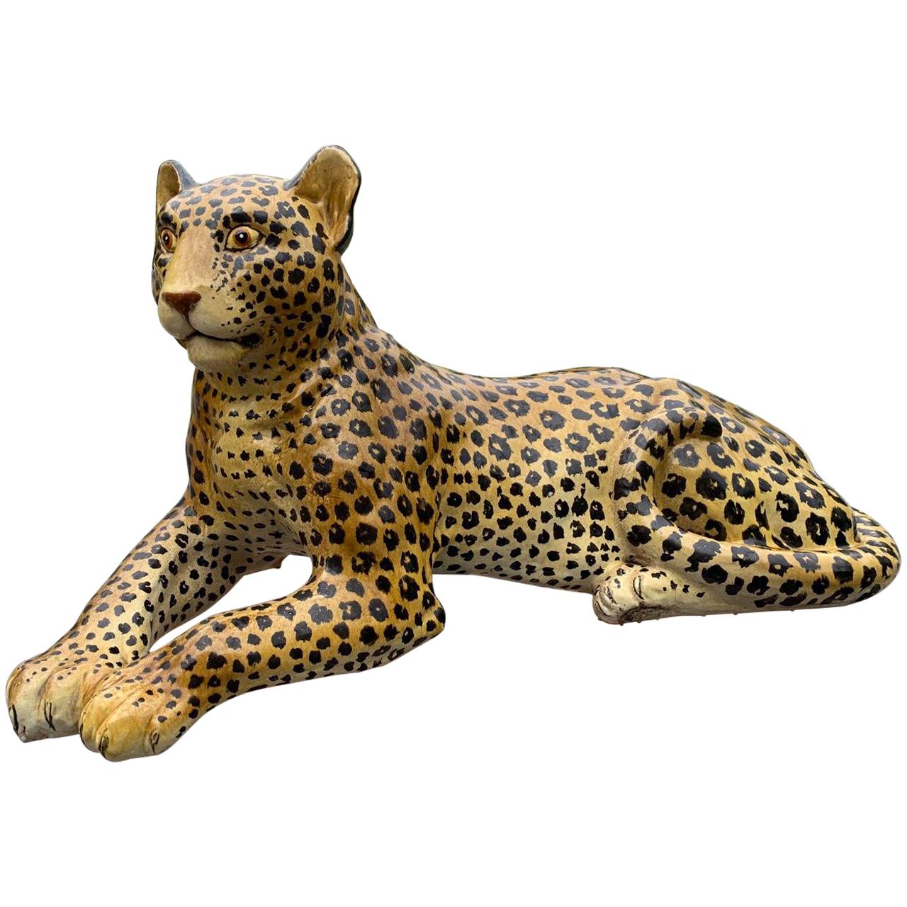 Large Hollywood Regency Hand Painted Terracotta Leopard, Made in Italy
